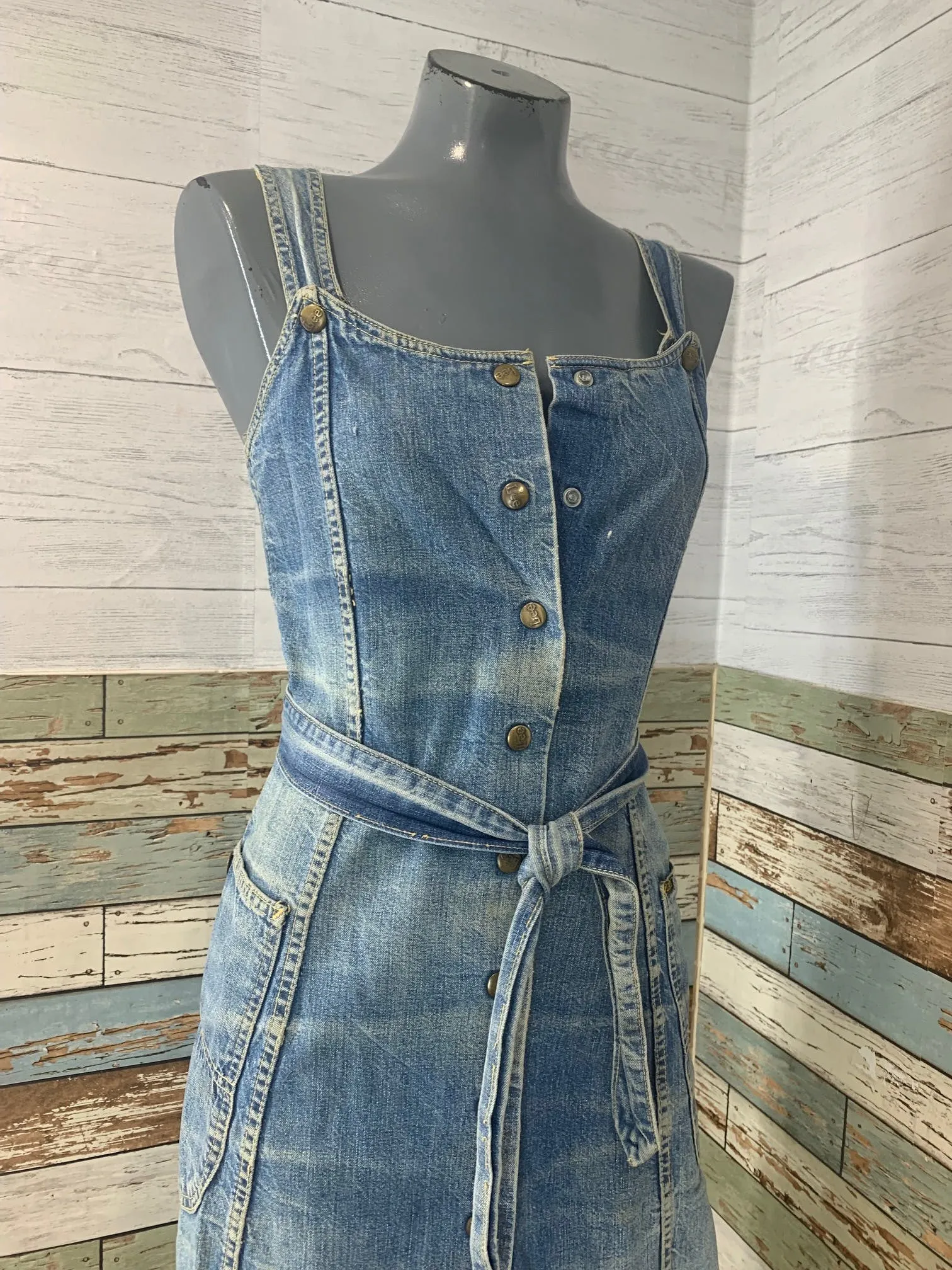 00's Denim Button Up Tie Waist Dress Overalls by Lee