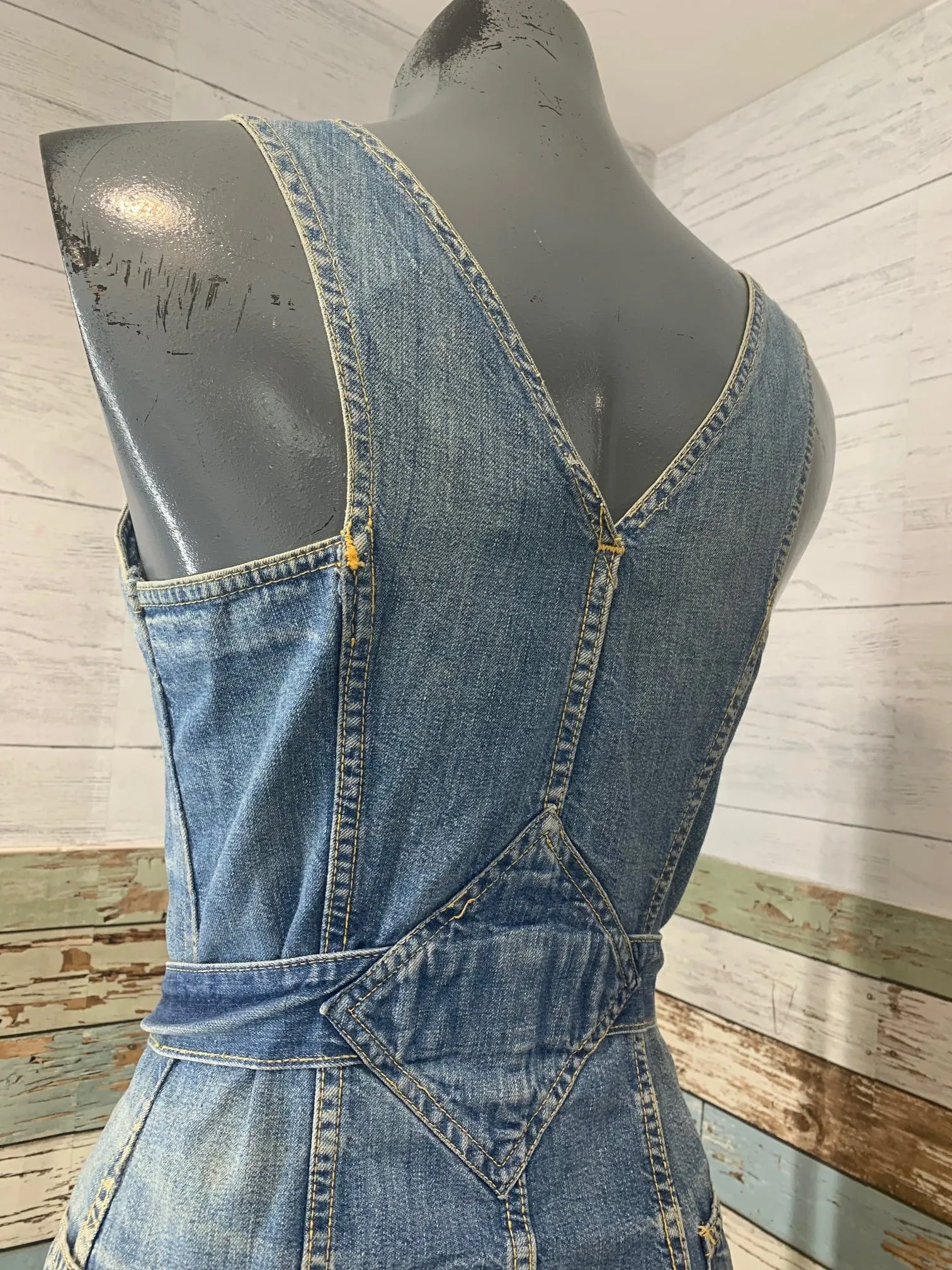 00's Denim Button Up Tie Waist Dress Overalls by Lee