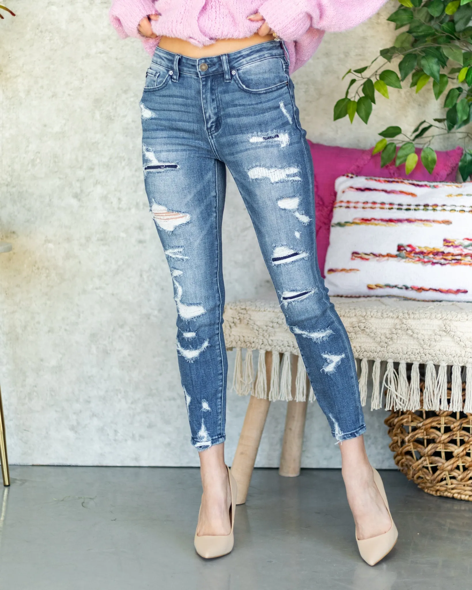 Alexa Distressed Patchwork Skinny Jeans - Medium Wash