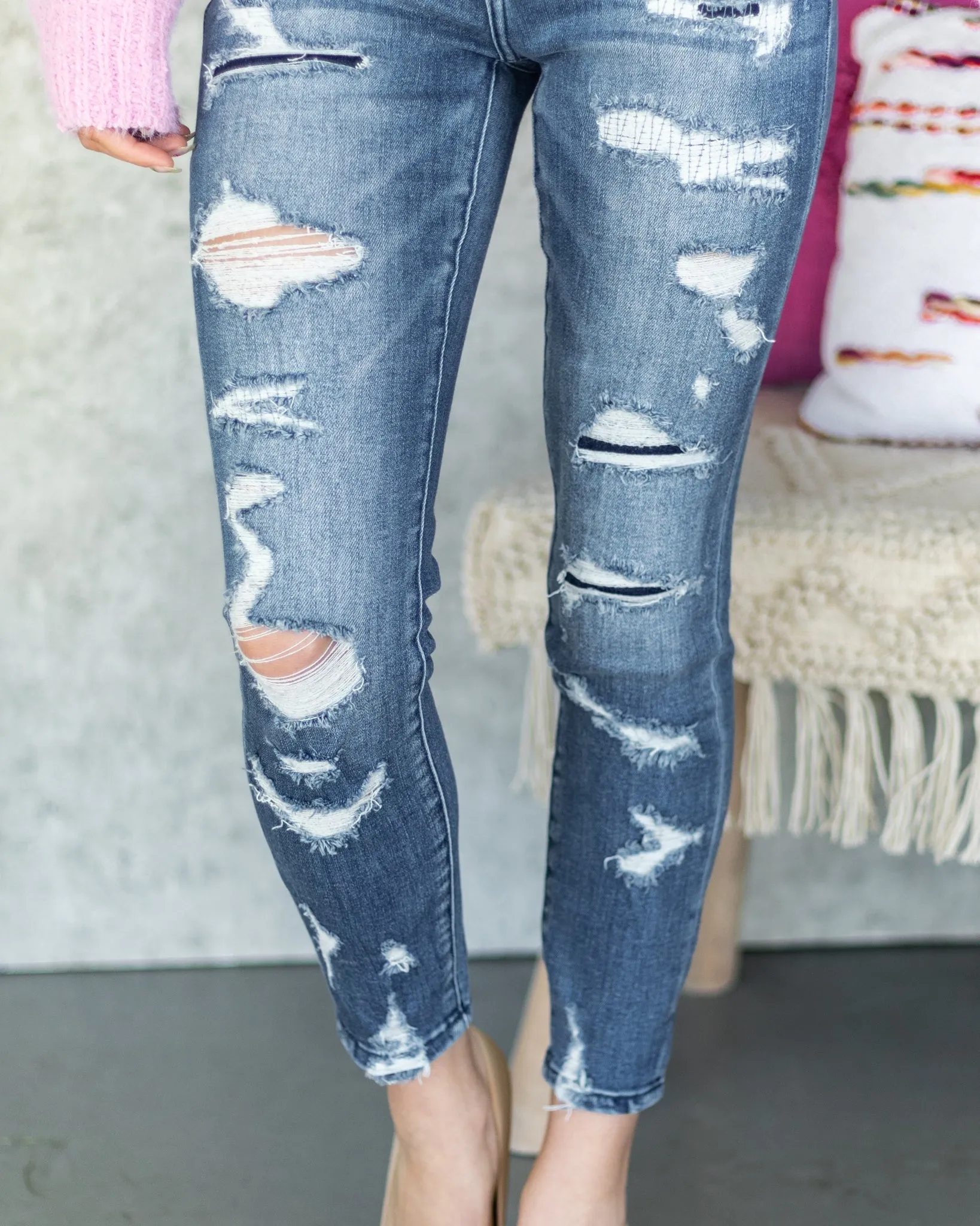 Alexa Distressed Patchwork Skinny Jeans - Medium Wash