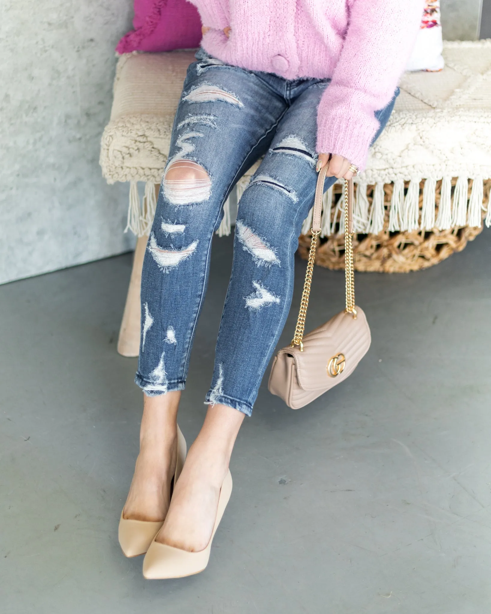 Alexa Distressed Patchwork Skinny Jeans - Medium Wash
