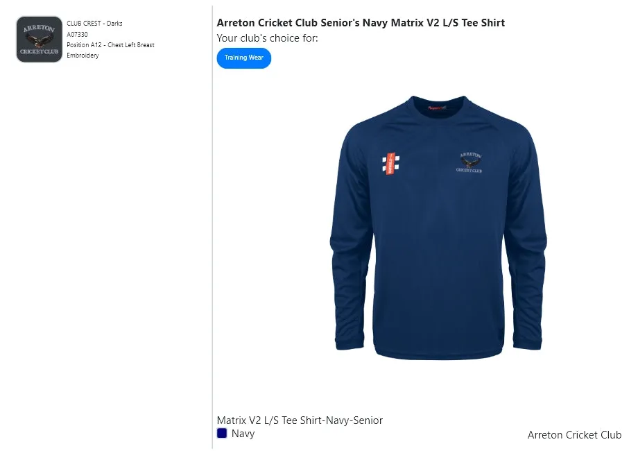 Arreton Cricket Club Senior's Navy Matrix V2 L/S Tee Shirt