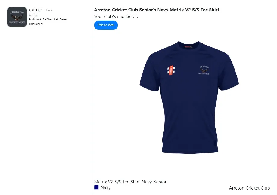 Arreton Cricket Club Senior's Navy Matrix V2 S/S Tee Shirt