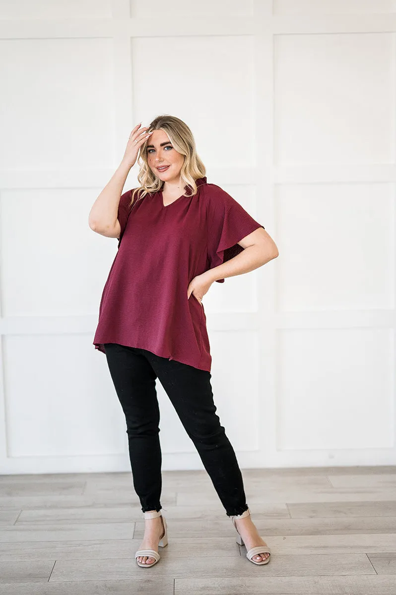 Bailey Ruffle Top in Burgundy - Size Small Left