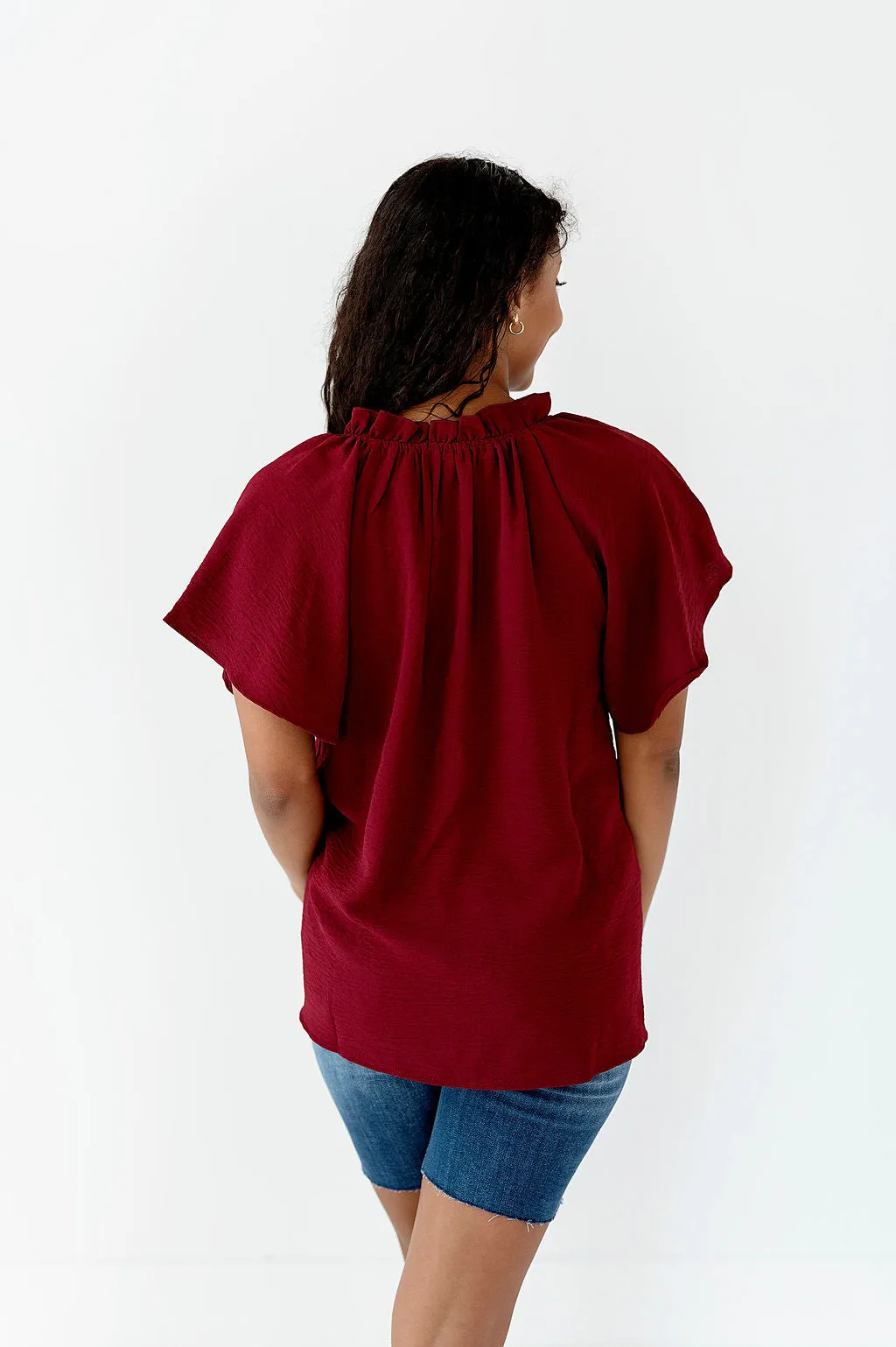 Bailey Ruffle Top in Burgundy - Size Small Left