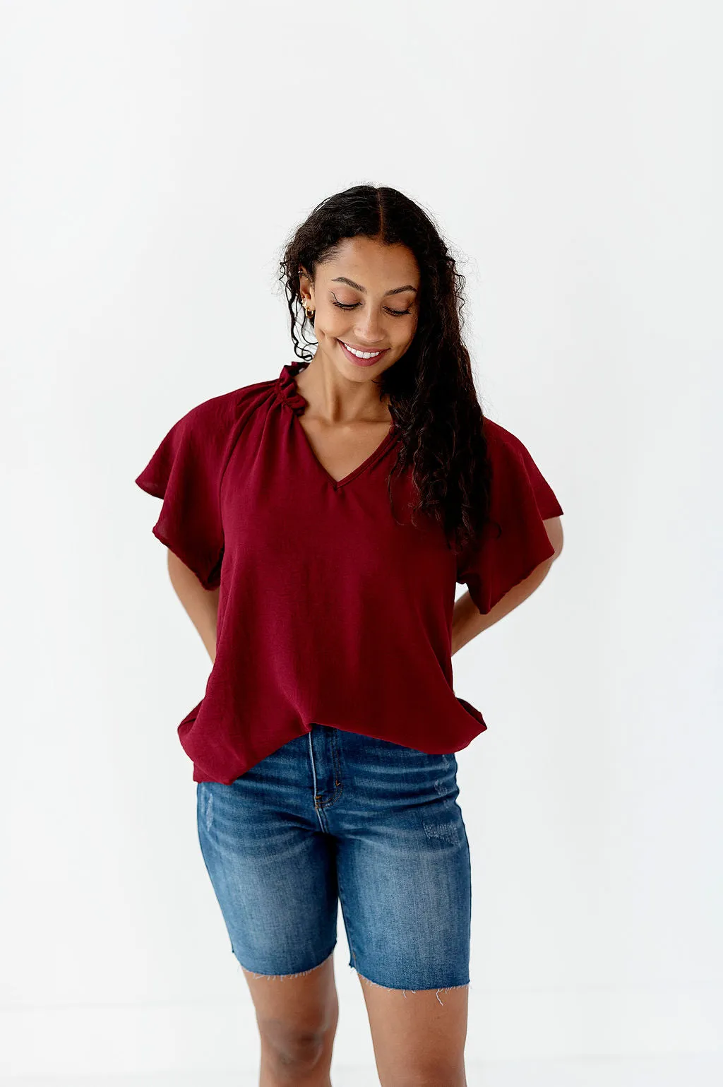 Bailey Ruffle Top in Burgundy - Size Small Left