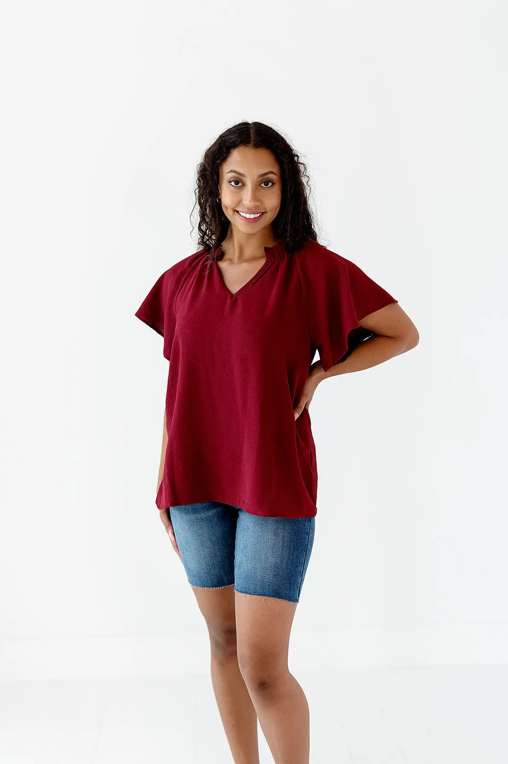 Bailey Ruffle Top in Burgundy - Size Small Left