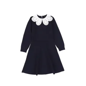 Bamboo Navy Textured Knit Detail Collar Dress