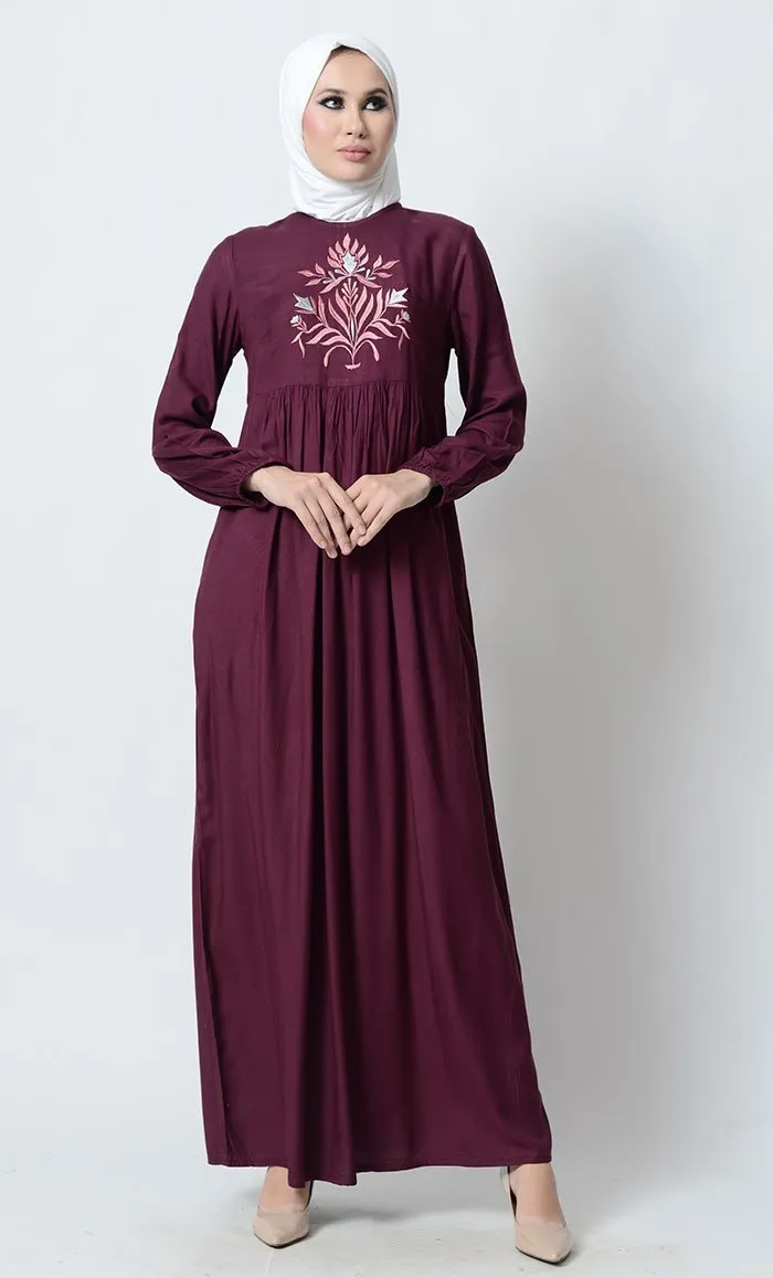 Big Floral Motif Embroidered Rayon Abaya Dress