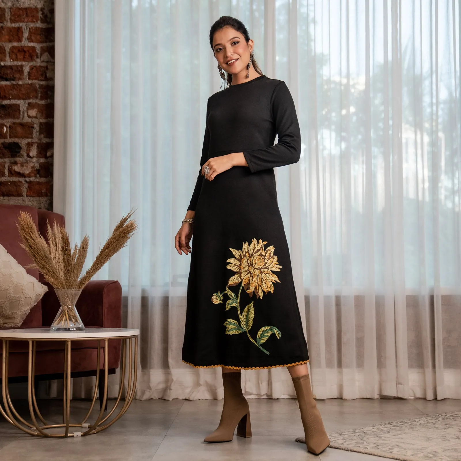 Black Acrylic Sunflower Flared Dress