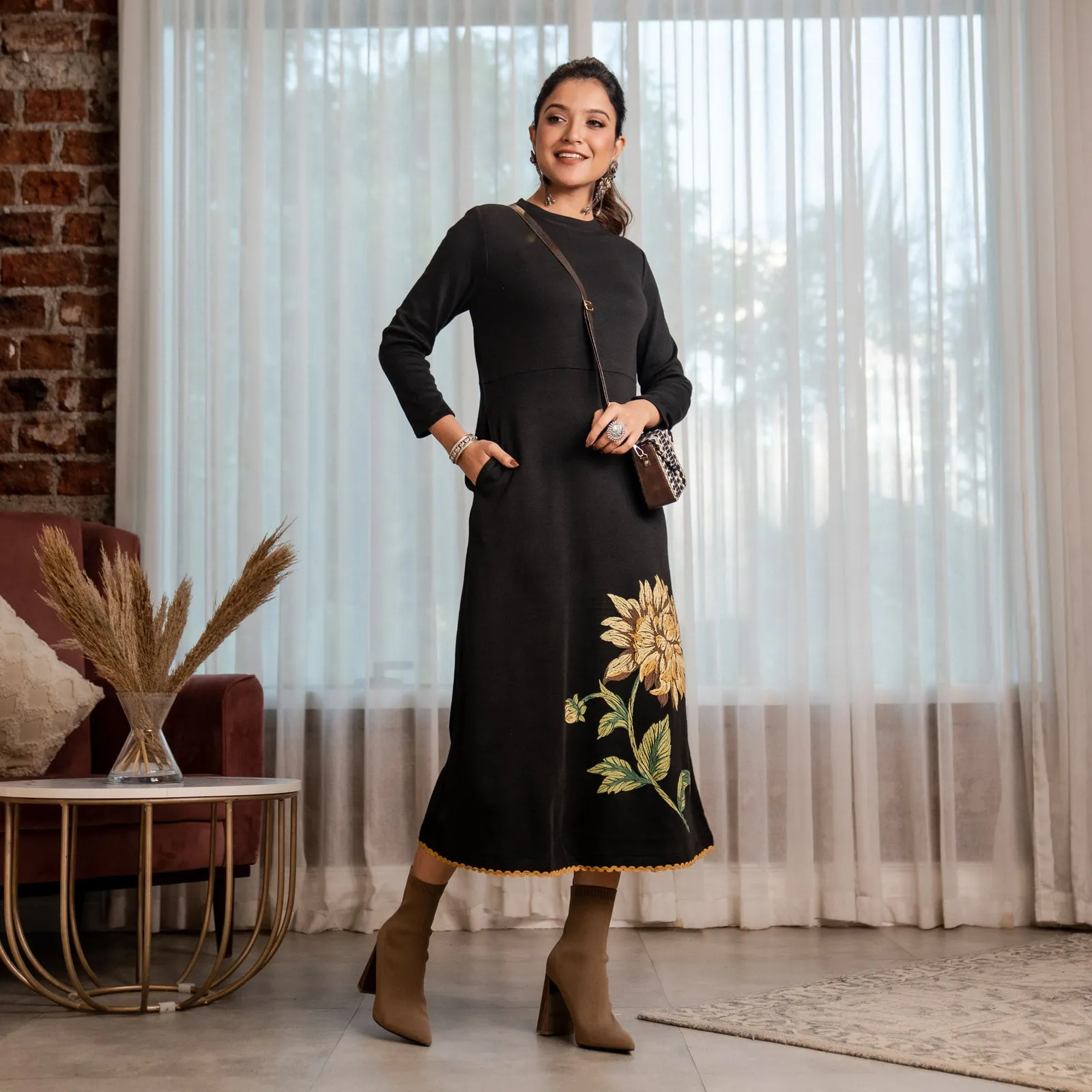 Black Acrylic Sunflower Flared Dress