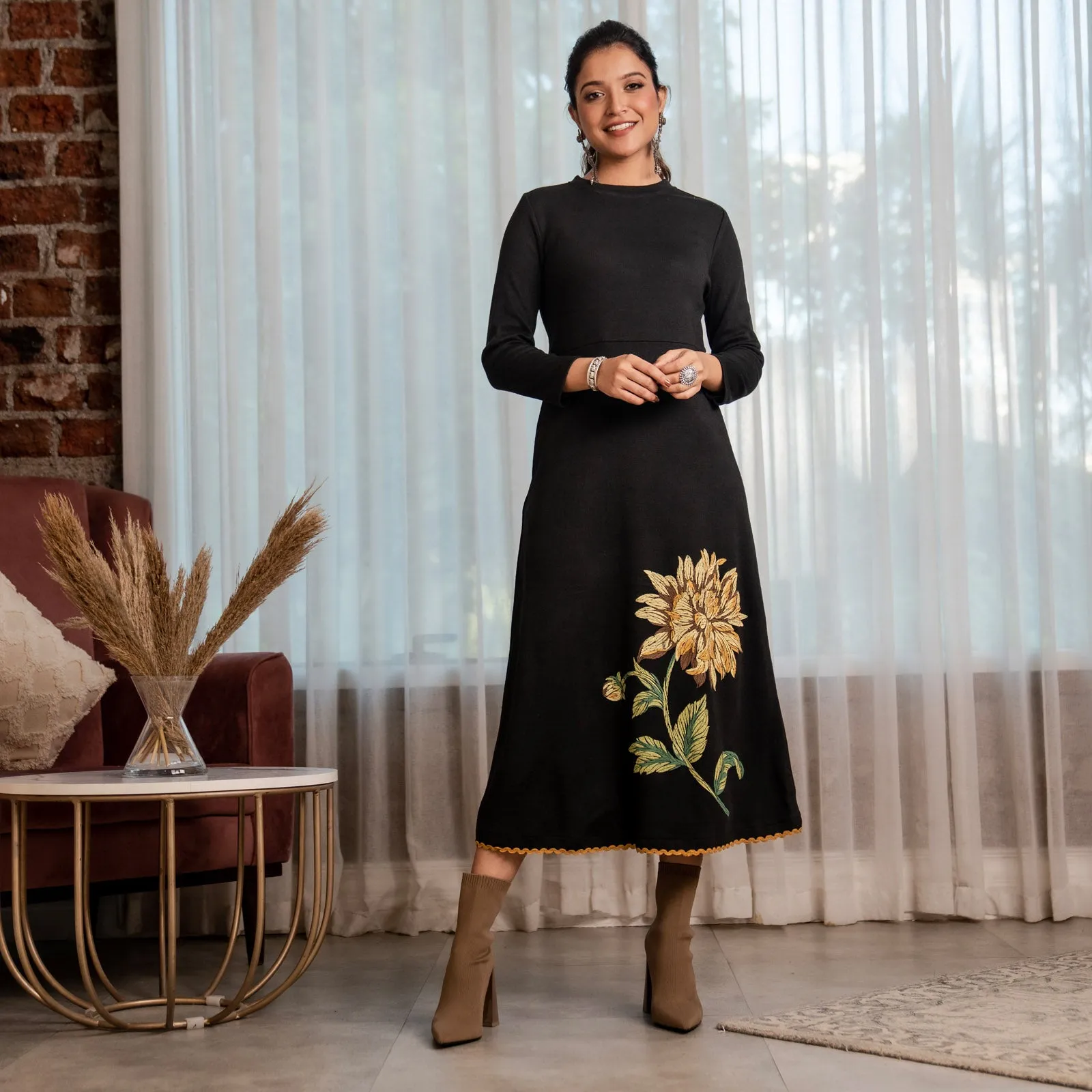 Black Acrylic Sunflower Flared Dress
