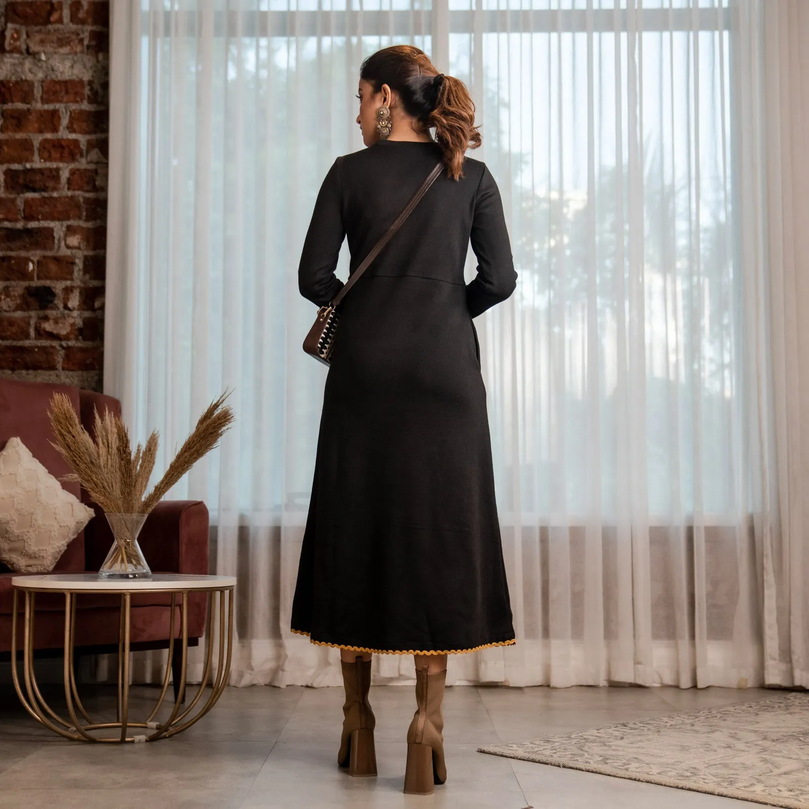 Black Acrylic Sunflower Flared Dress