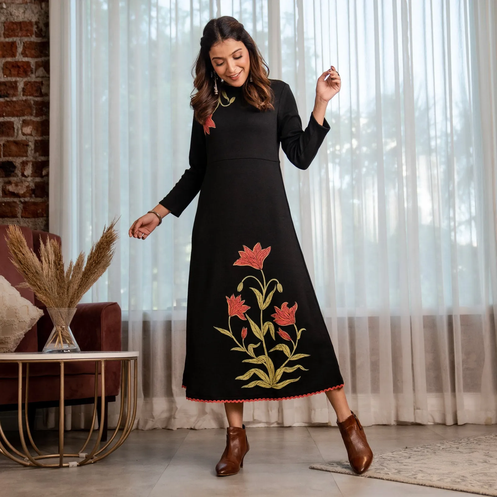 Black Acrylic Tulip Flared Dress