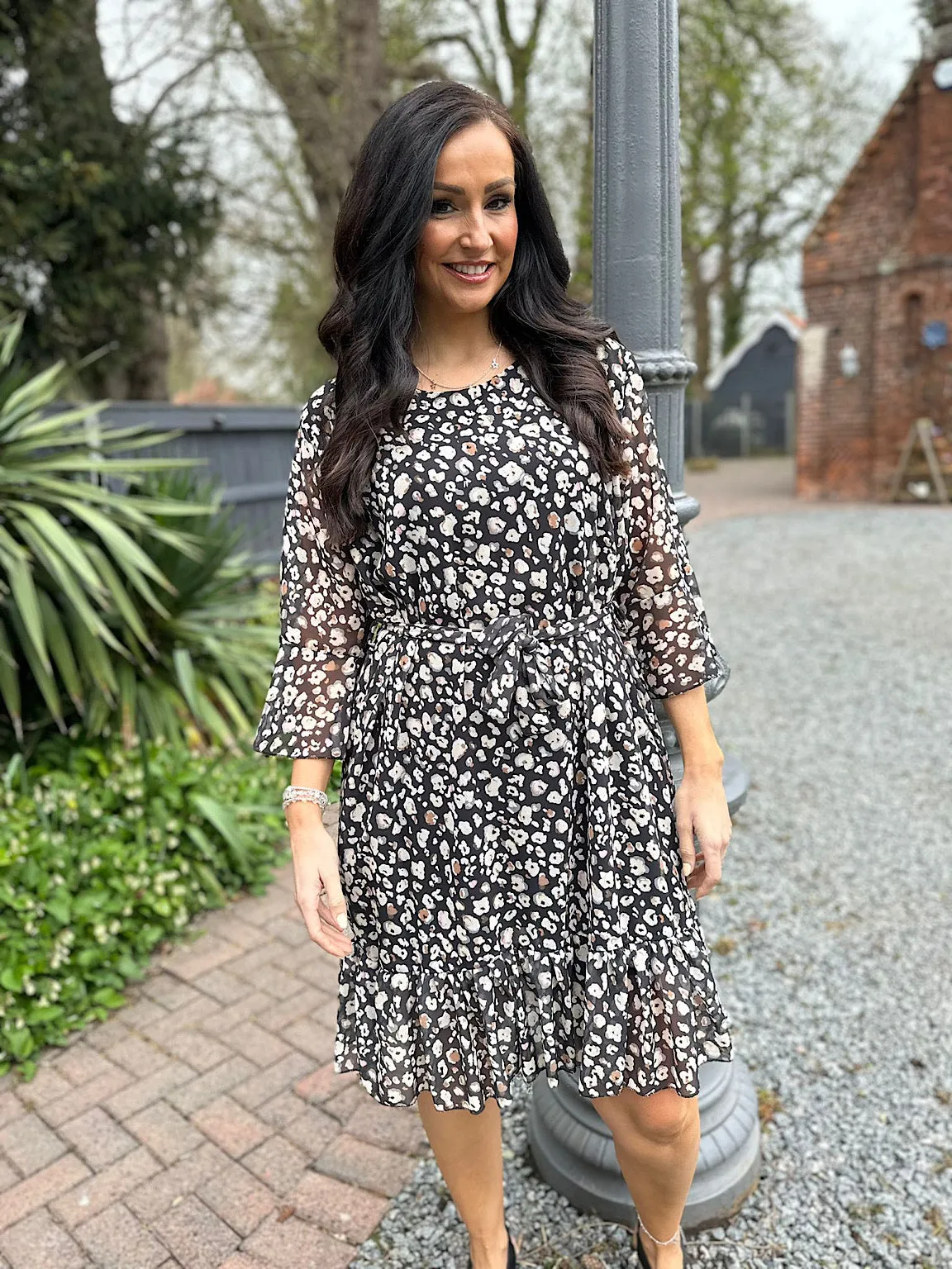 Black Leopard Flared Sleeve Dress Norma
