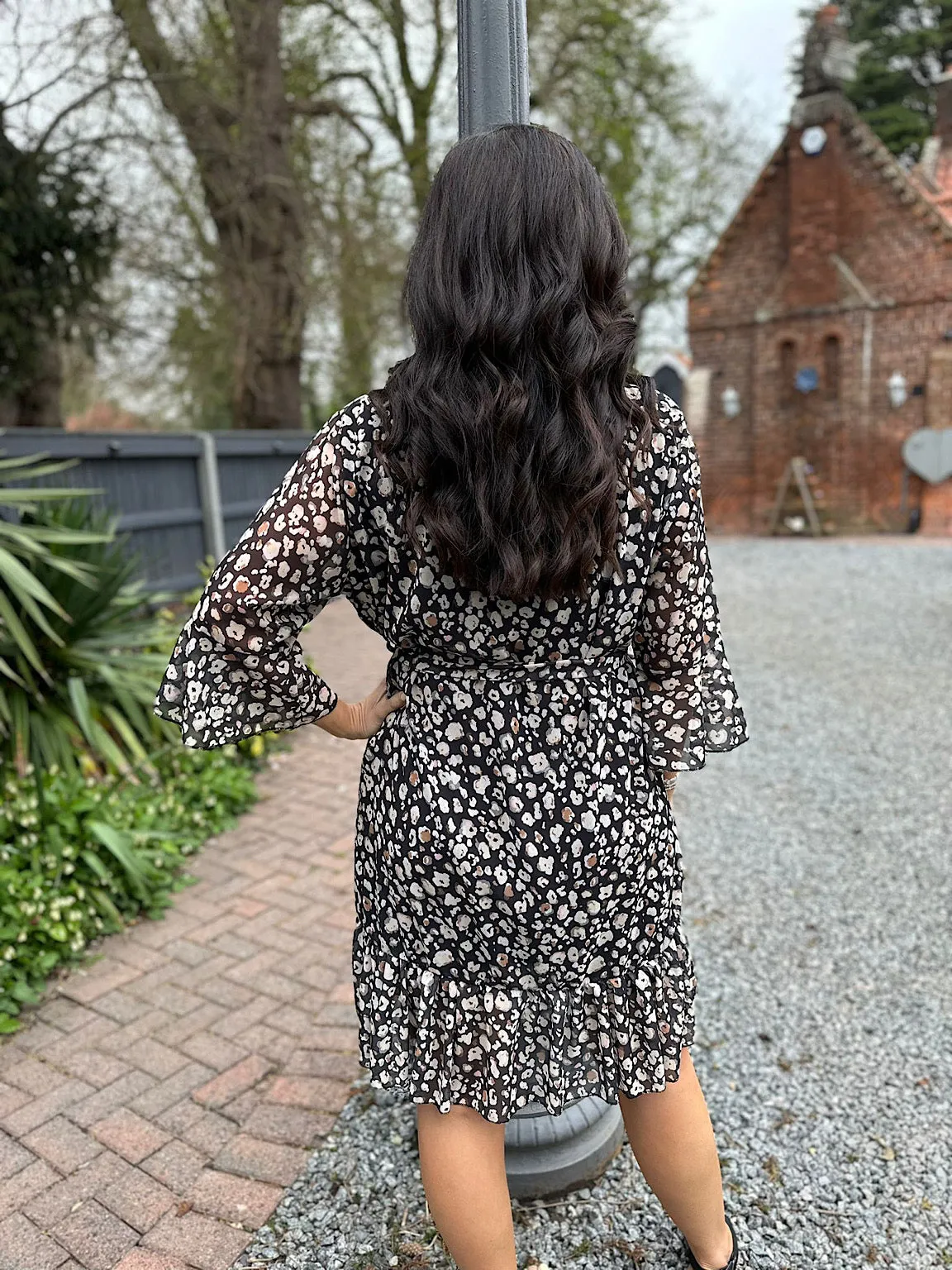 Black Leopard Flared Sleeve Dress Norma