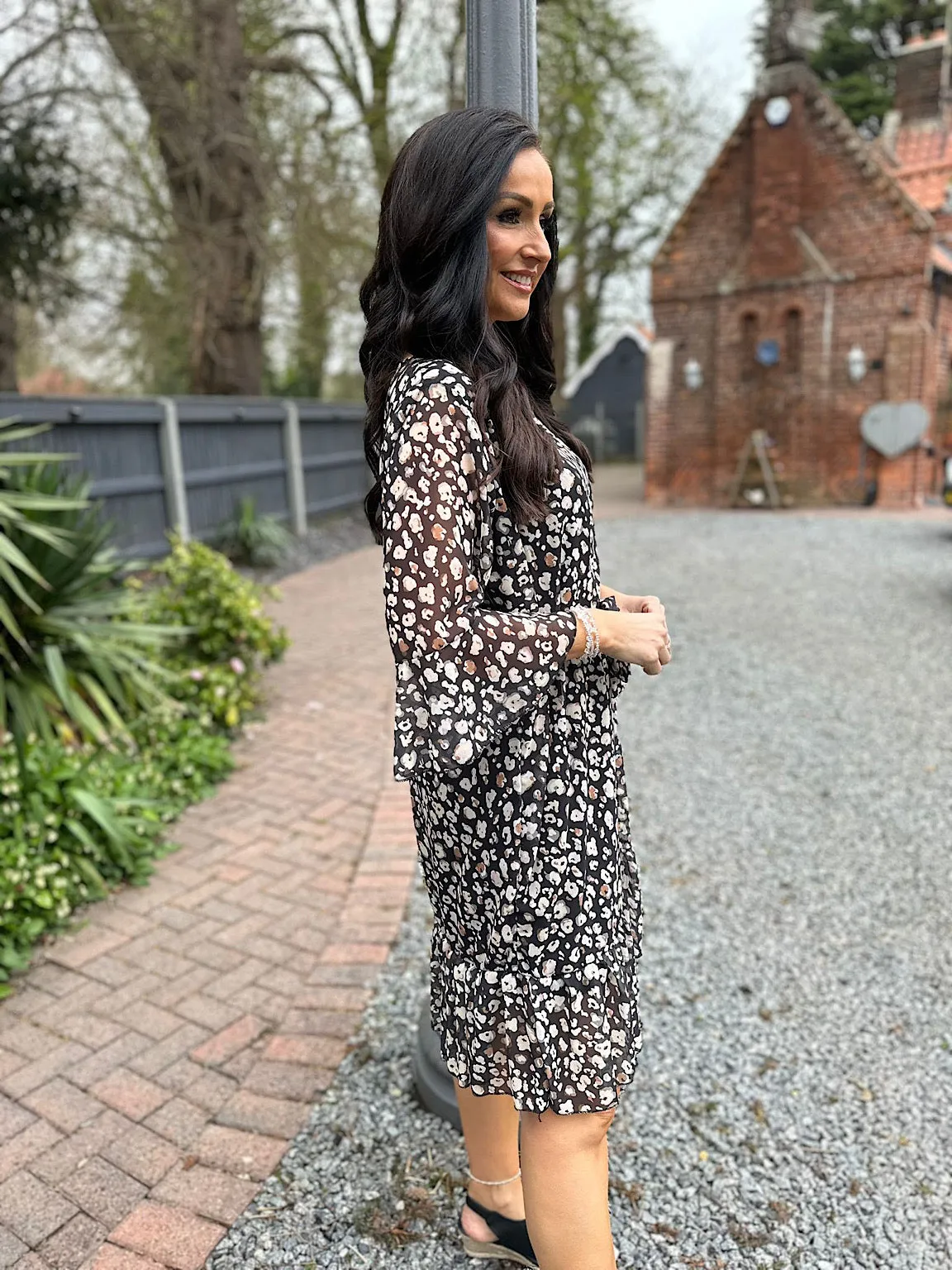 Black Leopard Flared Sleeve Dress Norma