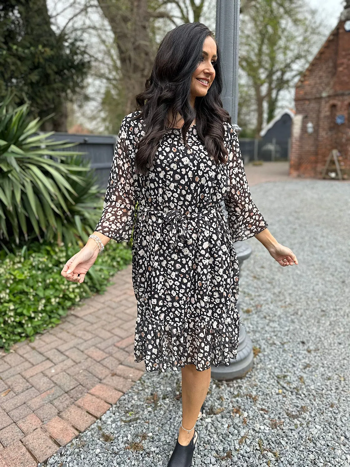 Black Leopard Flared Sleeve Dress Norma