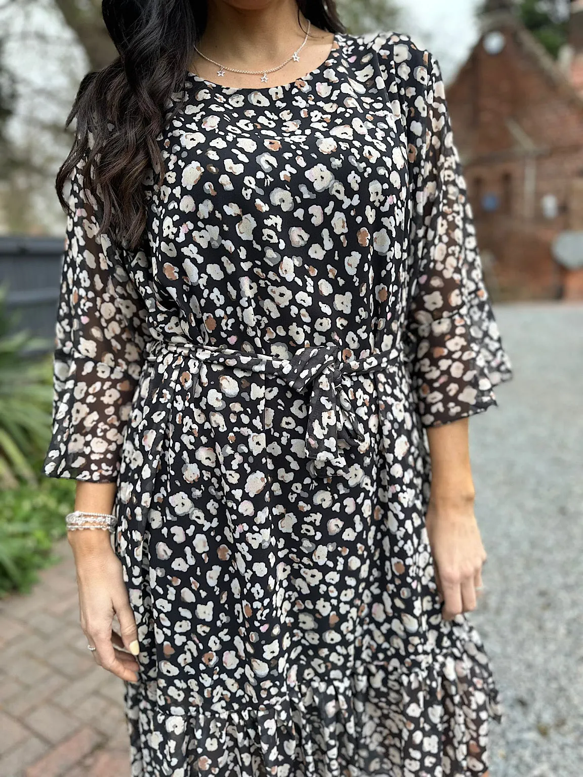Black Leopard Flared Sleeve Dress Norma