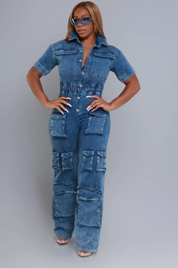 Borderline Short Sleeve Cargo Jumpsuit - Dark Wash