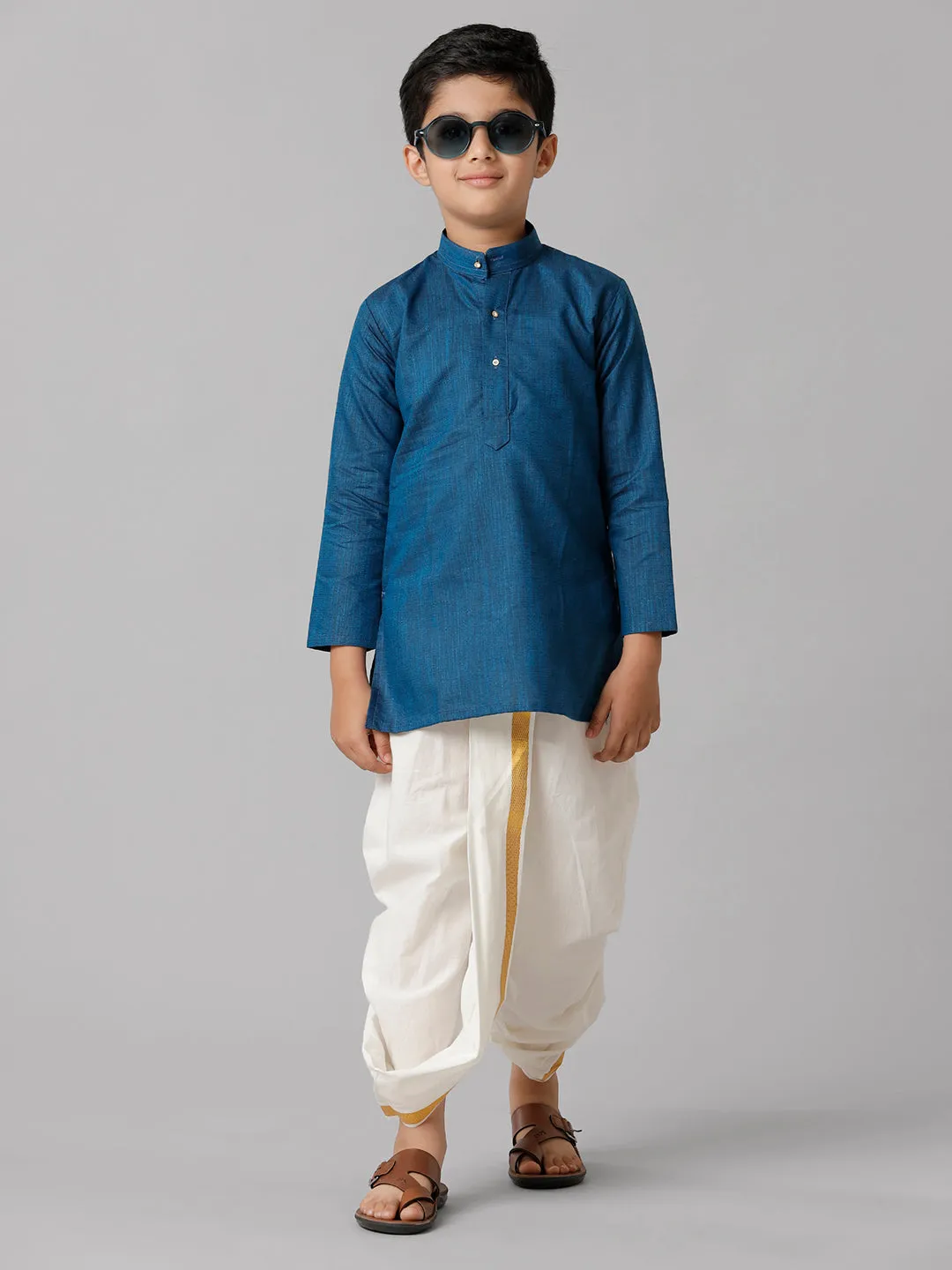 Boys Cotton Navy Kurta with Cream Elastic Panchakacham Towel Combo FS8