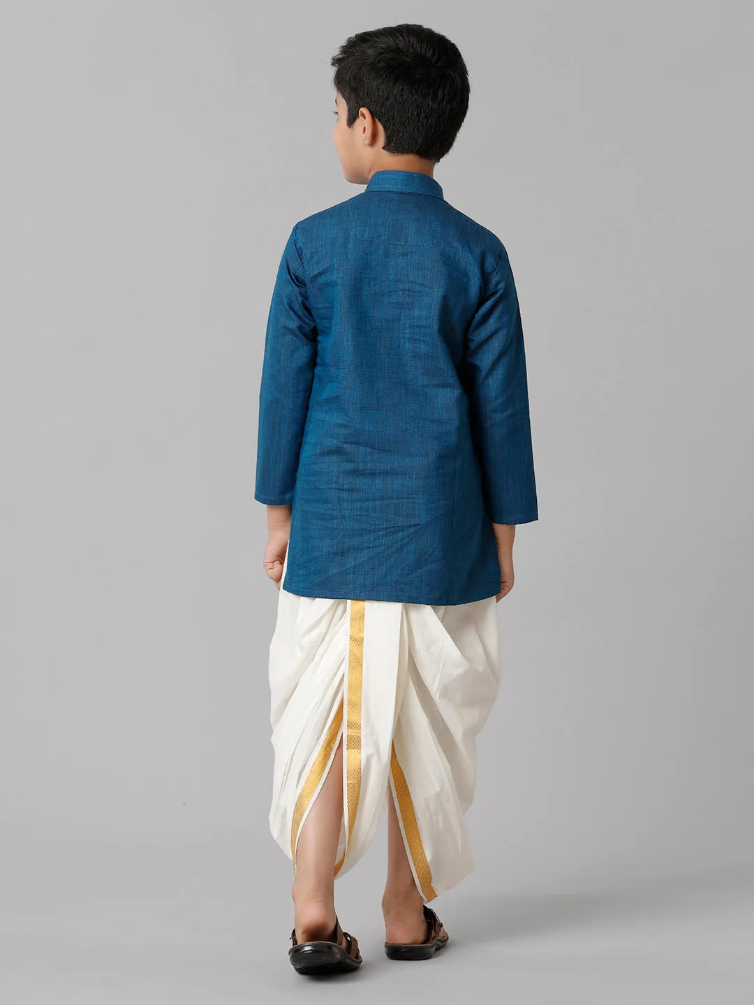 Boys Cotton Navy Kurta with Cream Elastic Panchakacham Towel Combo FS8