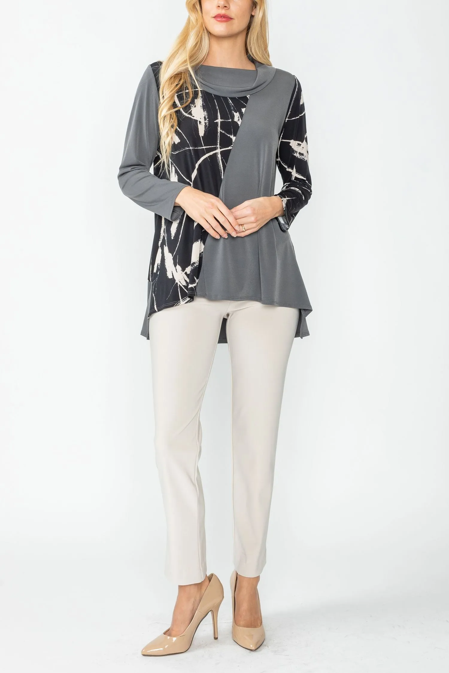 Charcoal and Cream High Low Color Block Top