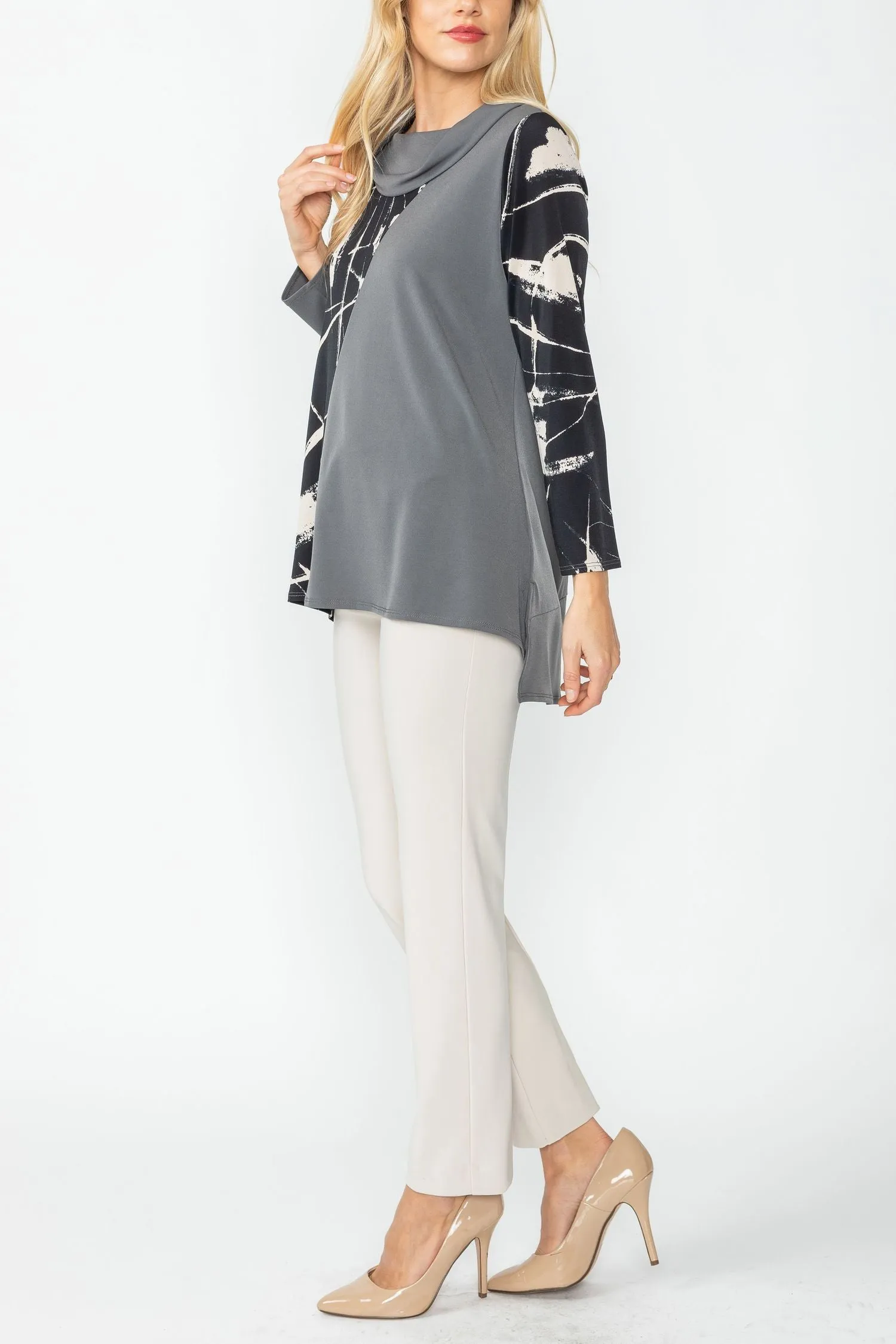 Charcoal and Cream High Low Color Block Top