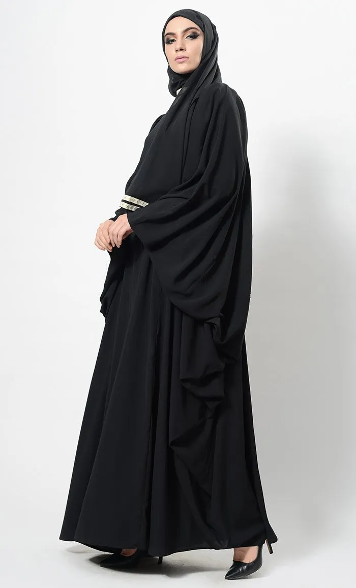 Contrast Lace Work Cowl Sleeves Abaya Dress And Hijab Set - Final sale