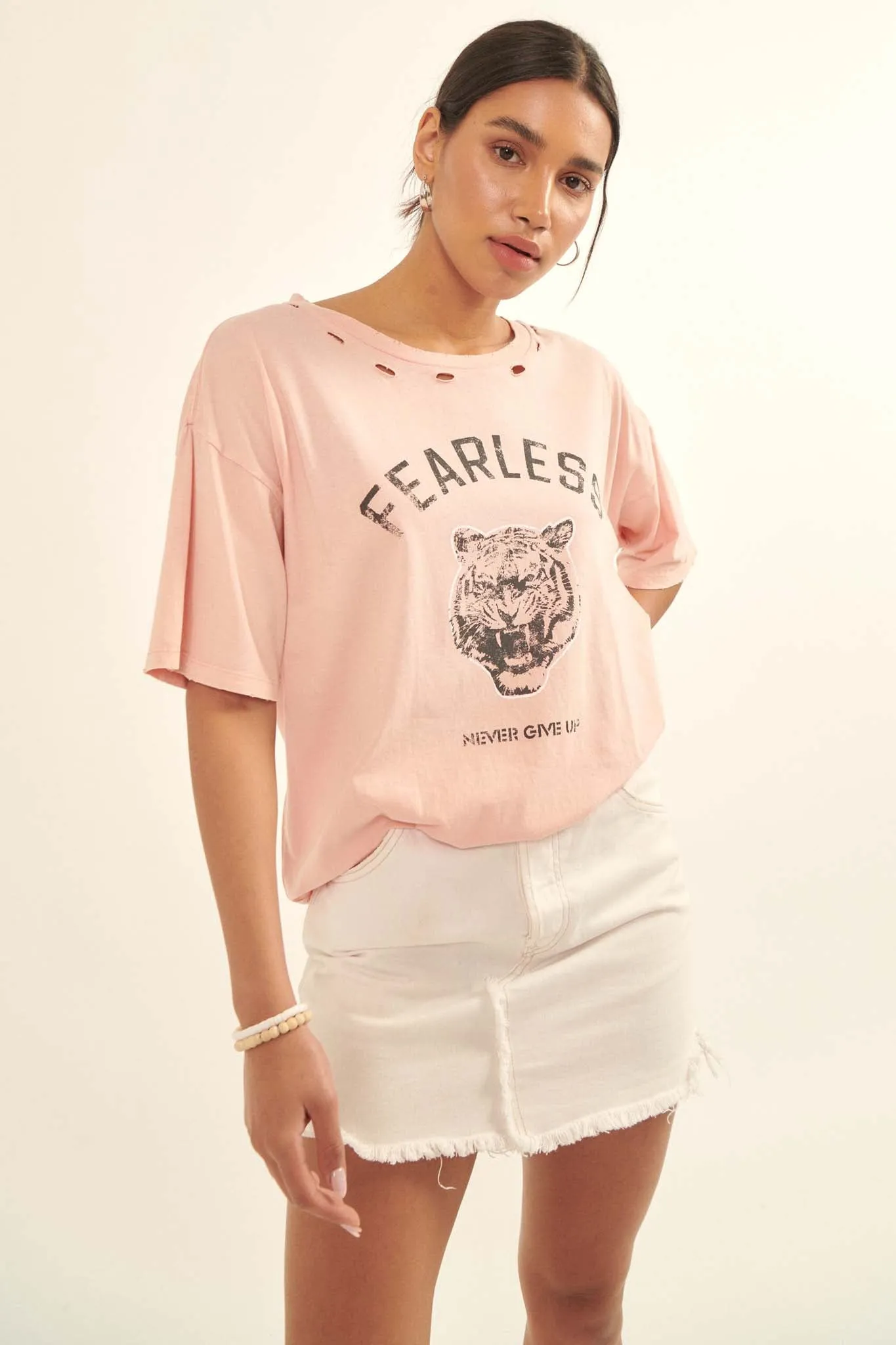 Fearless Tiger Distressed Oversize Graphic Tee