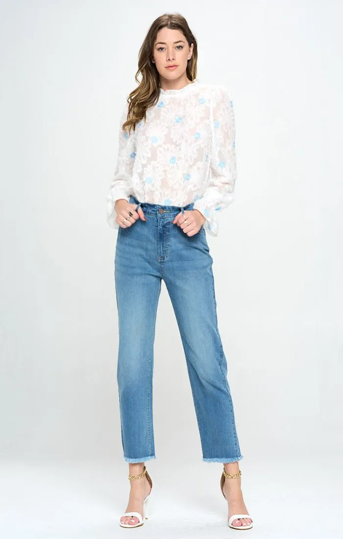 HIGH WAISTED FRAYED HEM CROPPED ANKLE STRAIGHT JEANS