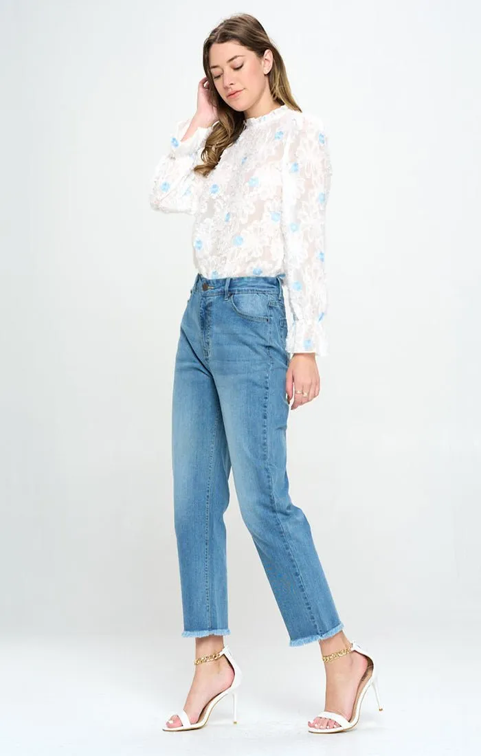 HIGH WAISTED FRAYED HEM CROPPED ANKLE STRAIGHT JEANS