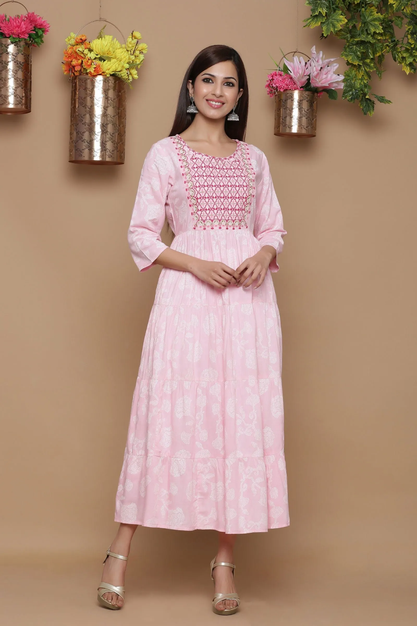 Juniper Baby Pink Ethnic Motif Printed Rayon Tiered Maxi Dress With Mirror Work Embroidery