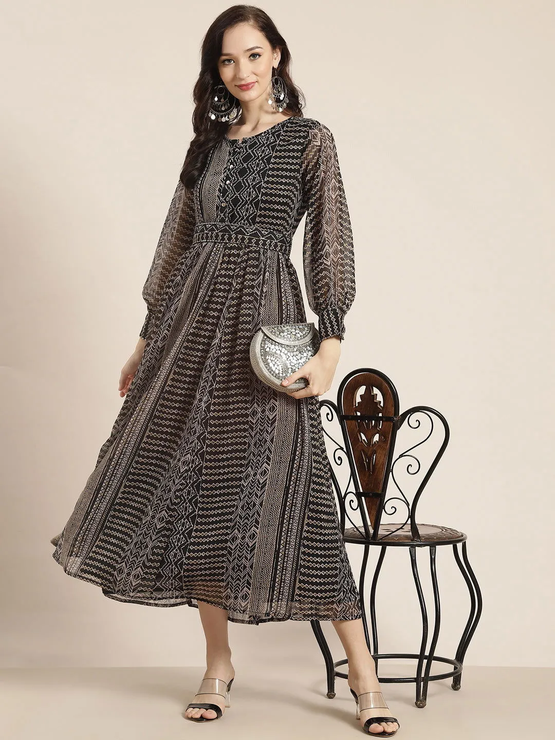 Juniper Black Abstract Printed Chiffon Flared Maxi Dress.