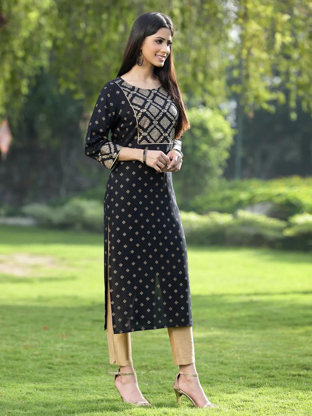 Juniper Black Ethnic Motif Printed Rayon Straight Kurta.