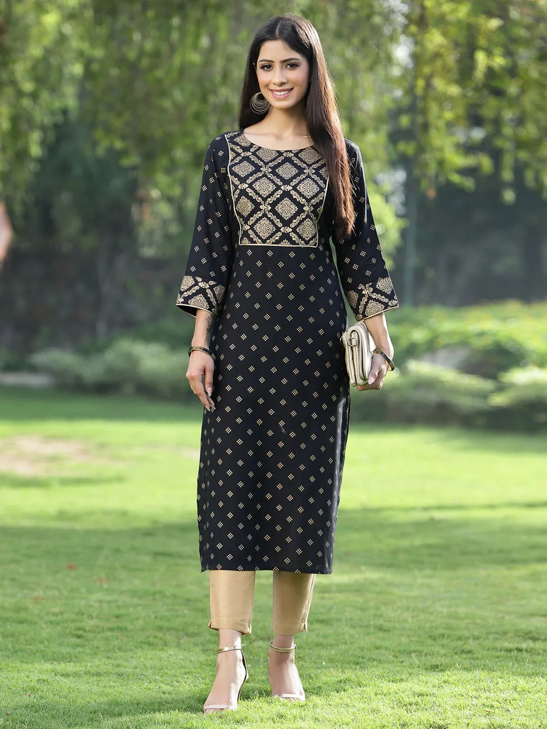 Juniper Black Ethnic Motif Printed Rayon Straight Kurta.