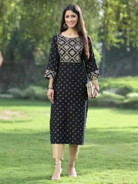 Juniper Black Ethnic Motif Printed Rayon Straight Kurta.