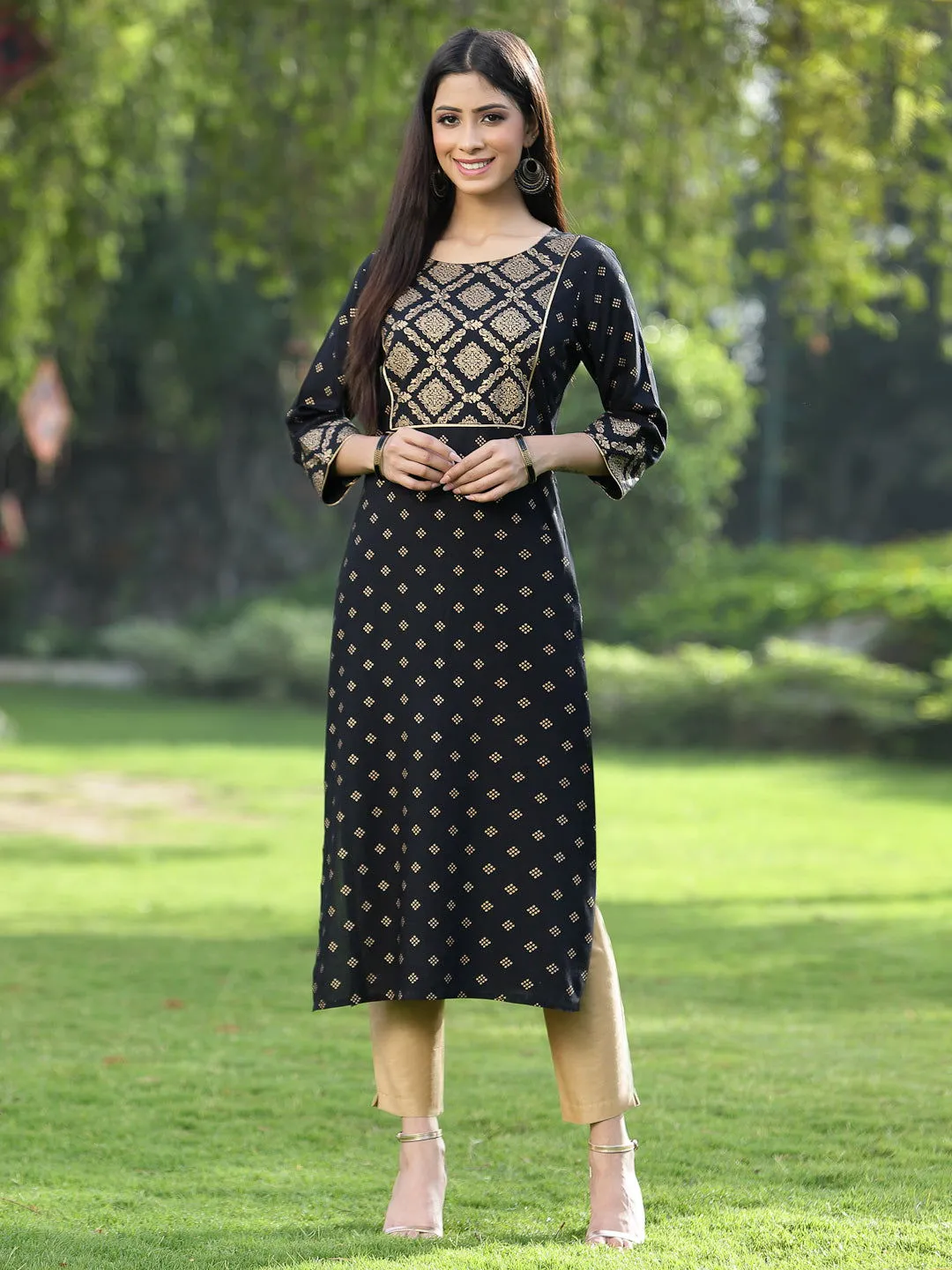 Juniper Black Ethnic Motif Printed Rayon Straight Kurta.
