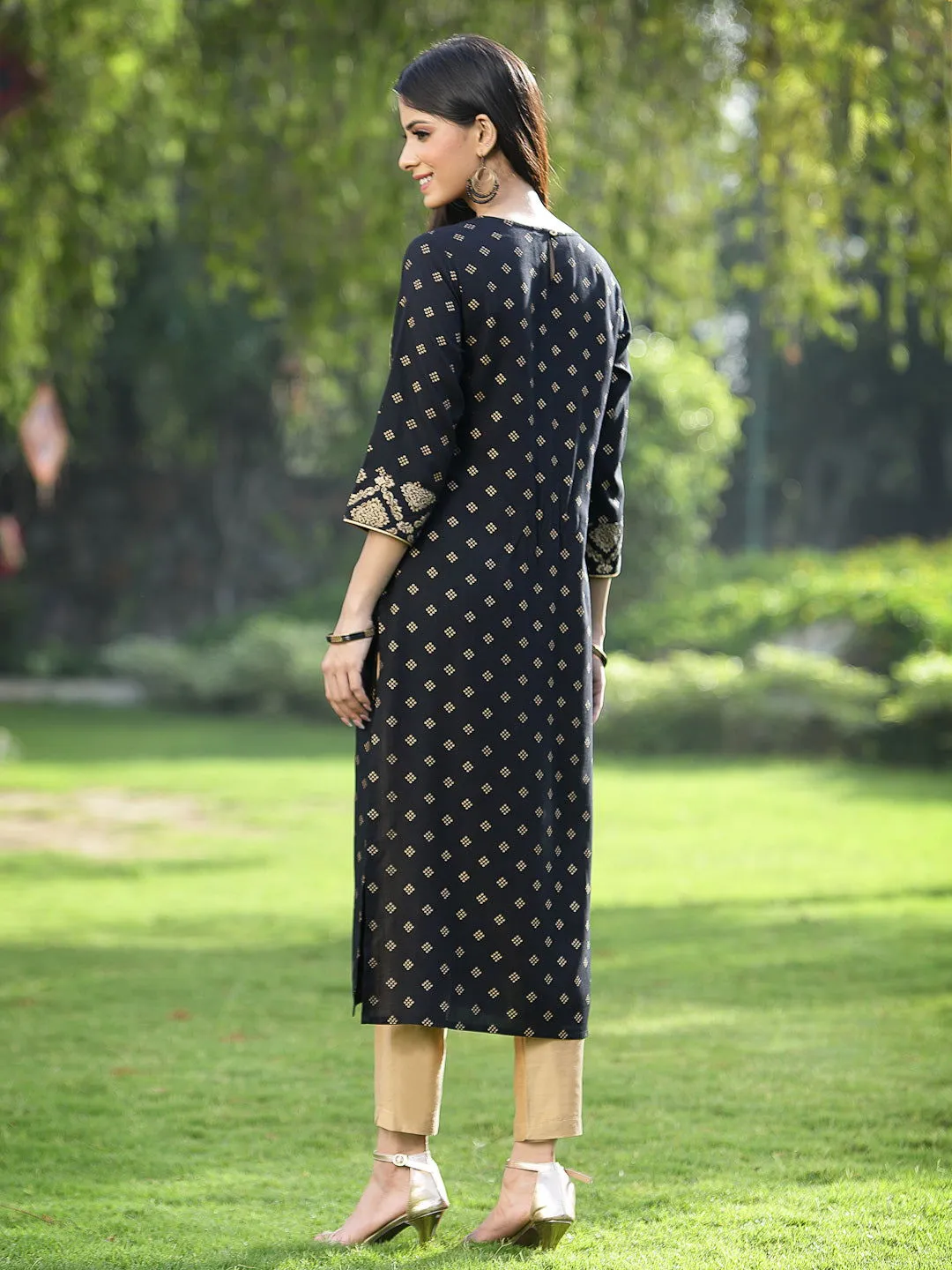 Juniper Black Ethnic Motif Printed Rayon Straight Kurta.