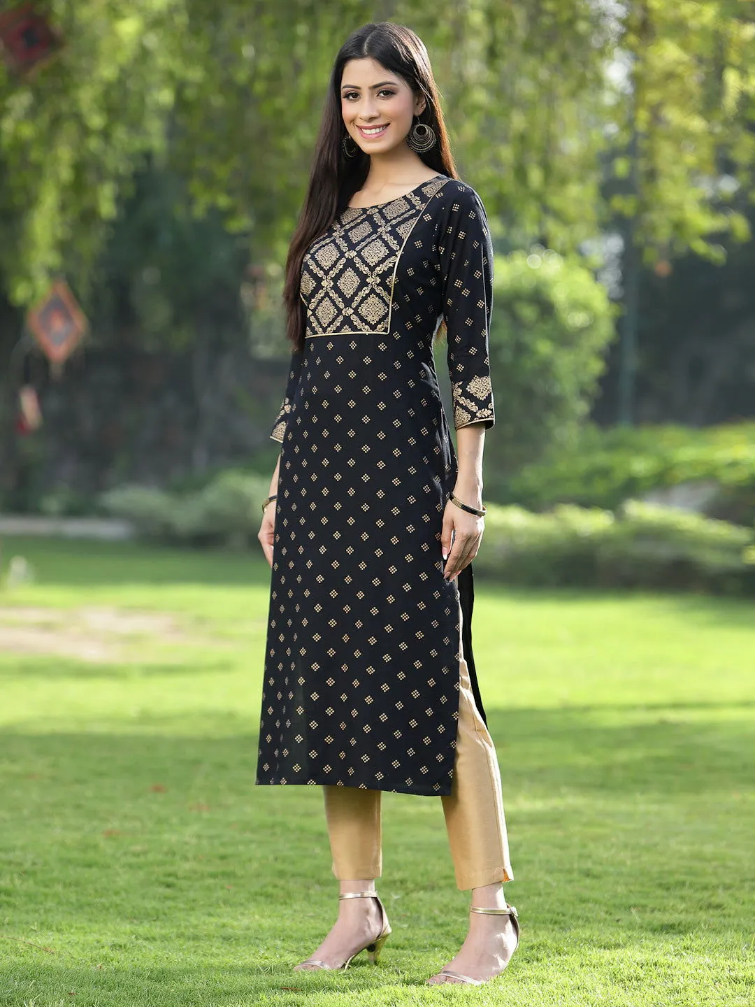 Juniper Black Ethnic Motif Printed Rayon Straight Kurta.