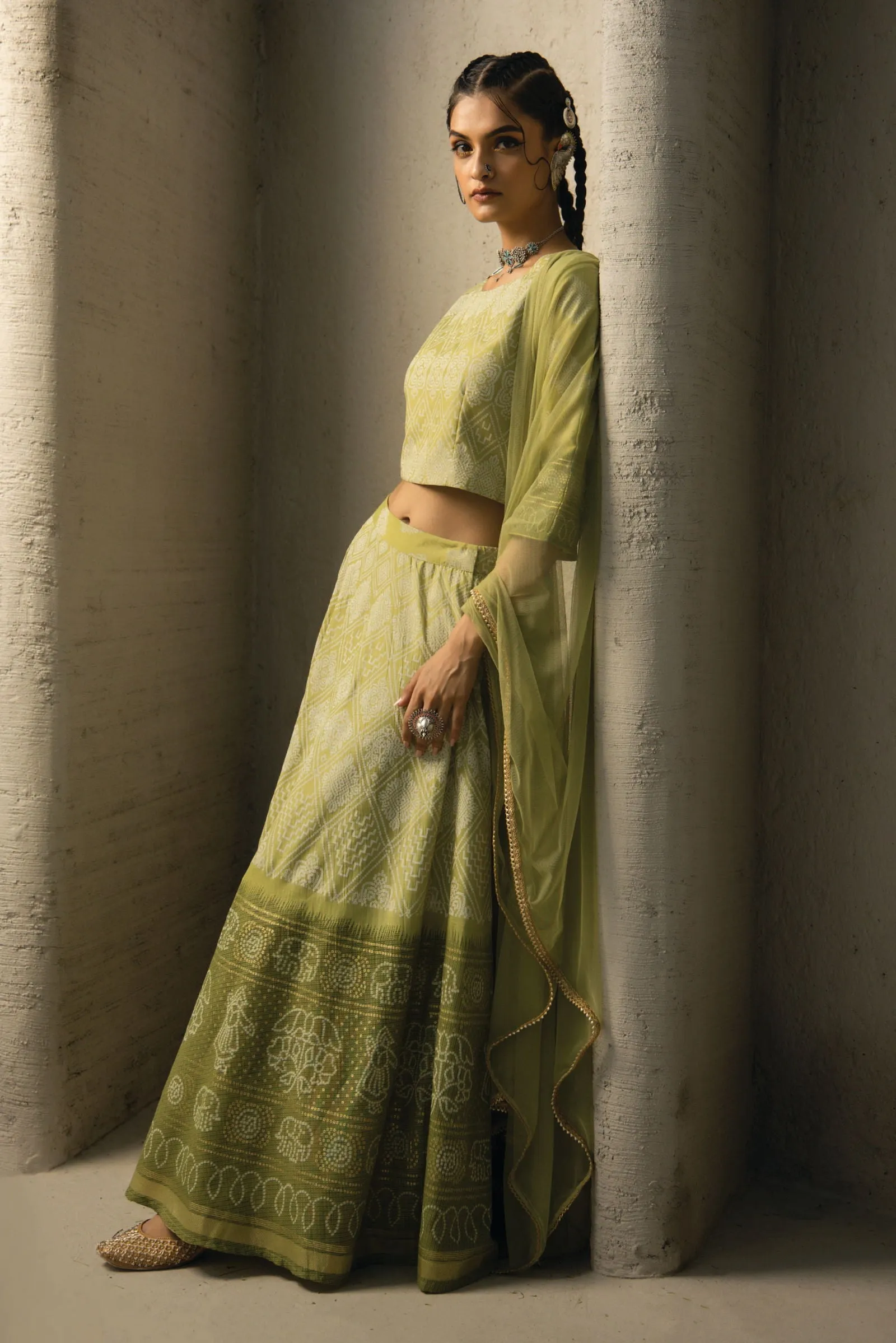 Juniper Green Bandhani Printed Shantoon Slub Lehenga Choli & Net Dupatta Set.