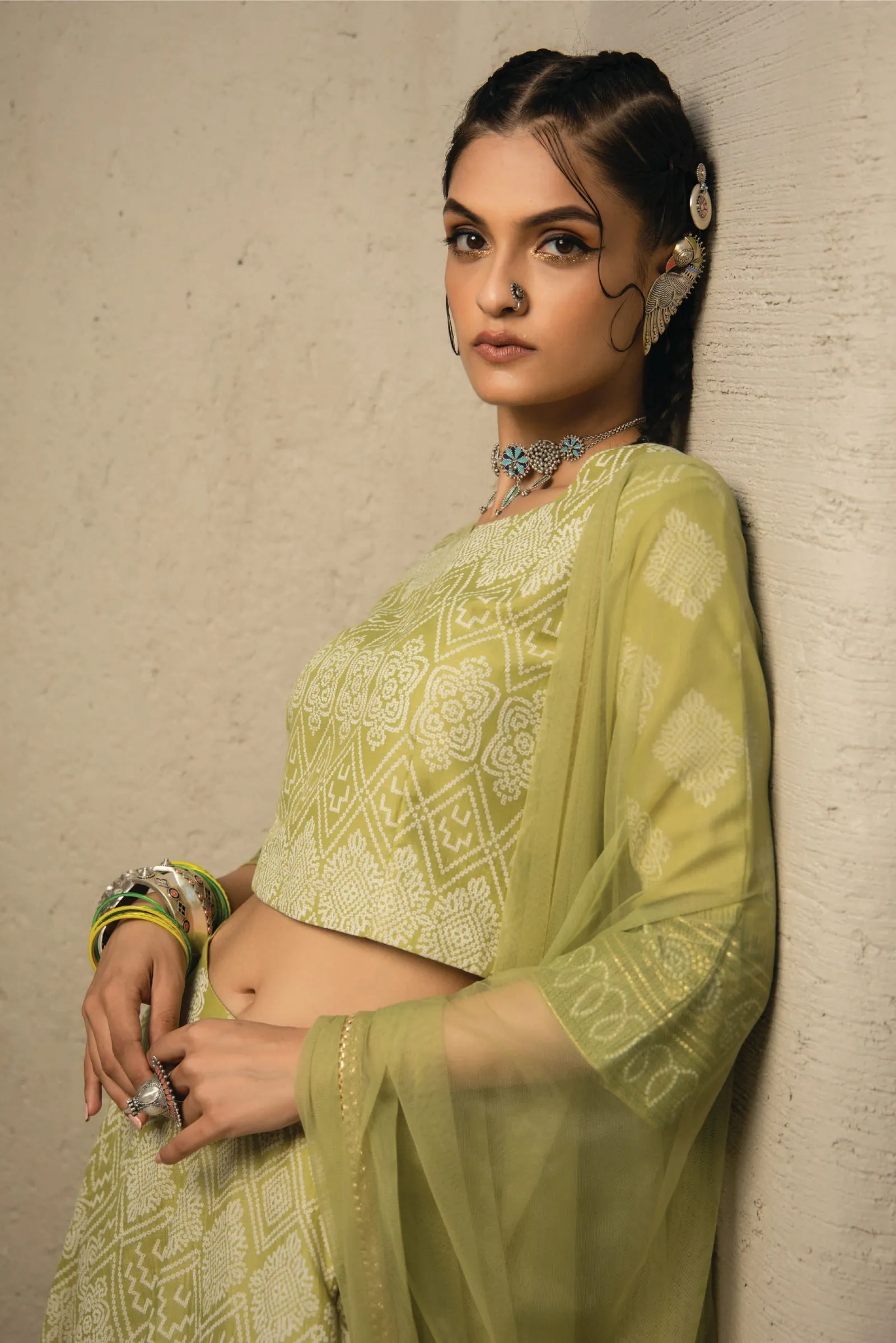 Juniper Green Bandhani Printed Shantoon Slub Lehenga Choli & Net Dupatta Set.