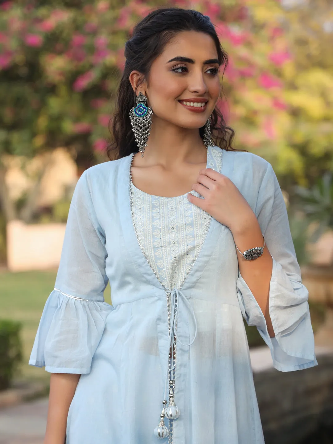 Juniper Powder blue Ethnic Motif printed rayon Crop Top Palazzo & Shrug With Beads & Sequins Work