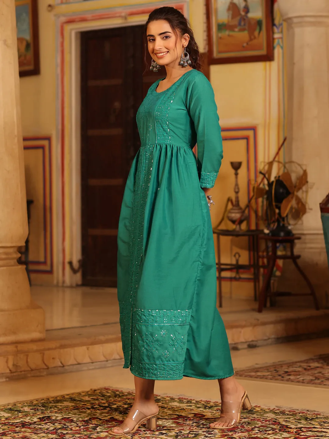 Juniper Women Teal Muslin Embroidered Maxi Dress