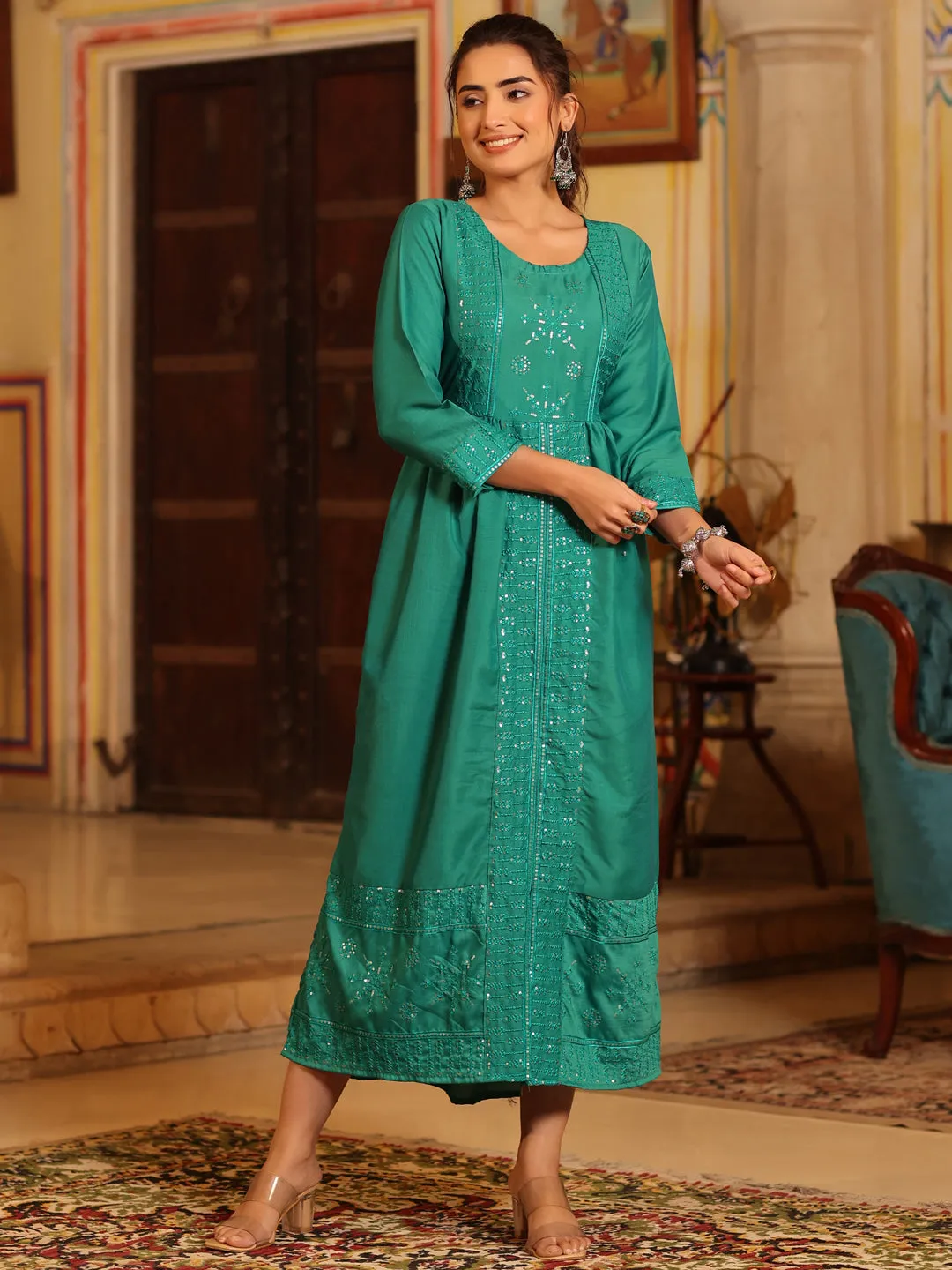 Juniper Women Teal Muslin Embroidered Maxi Dress
