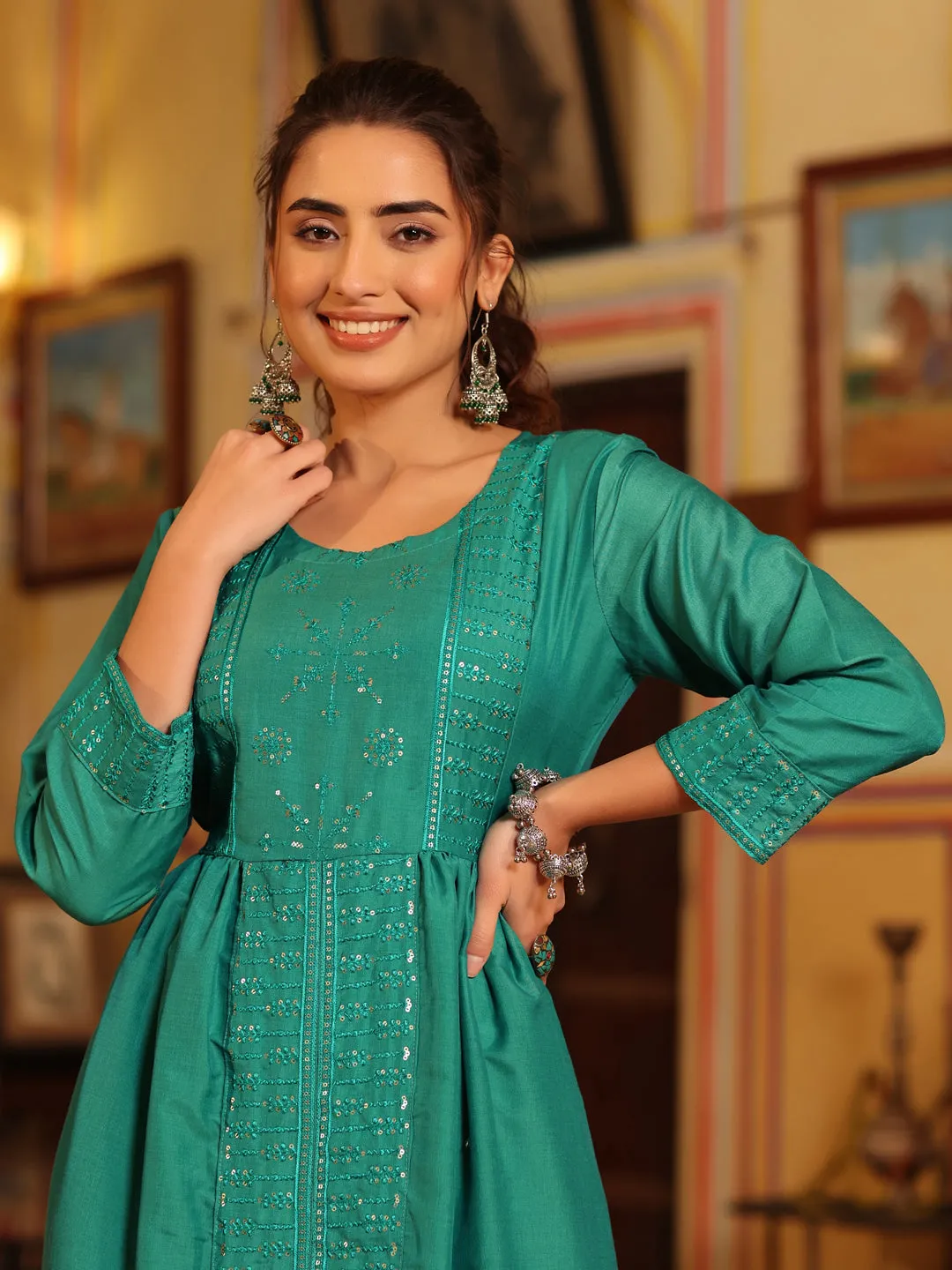Juniper Women Teal Muslin Embroidered Maxi Dress