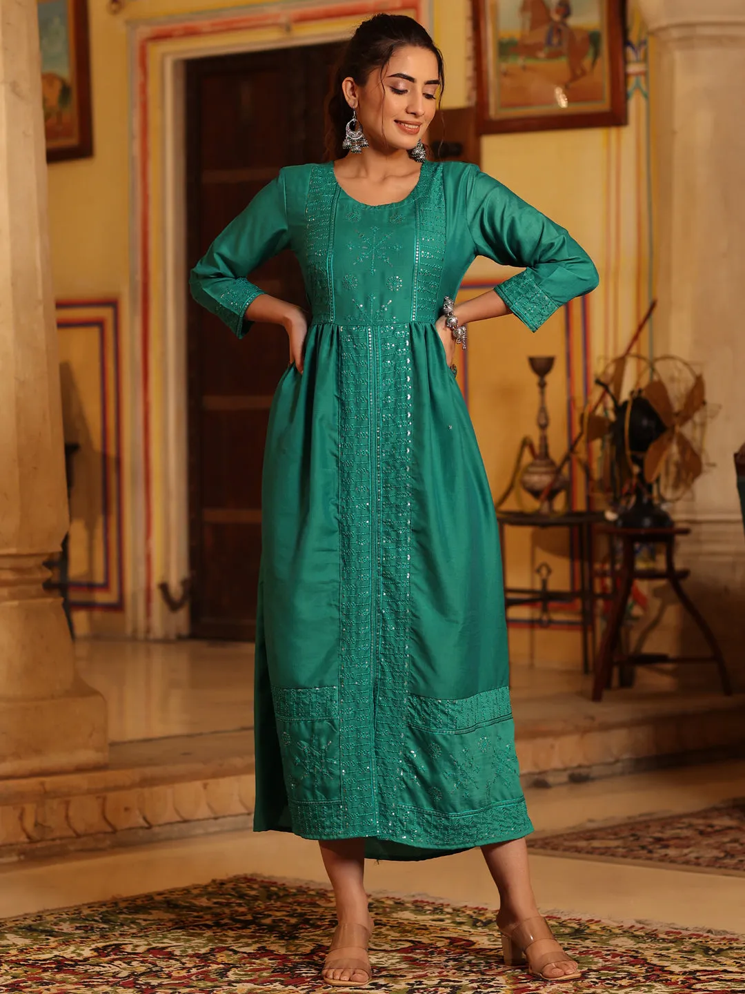 Juniper Women Teal Muslin Embroidered Maxi Dress