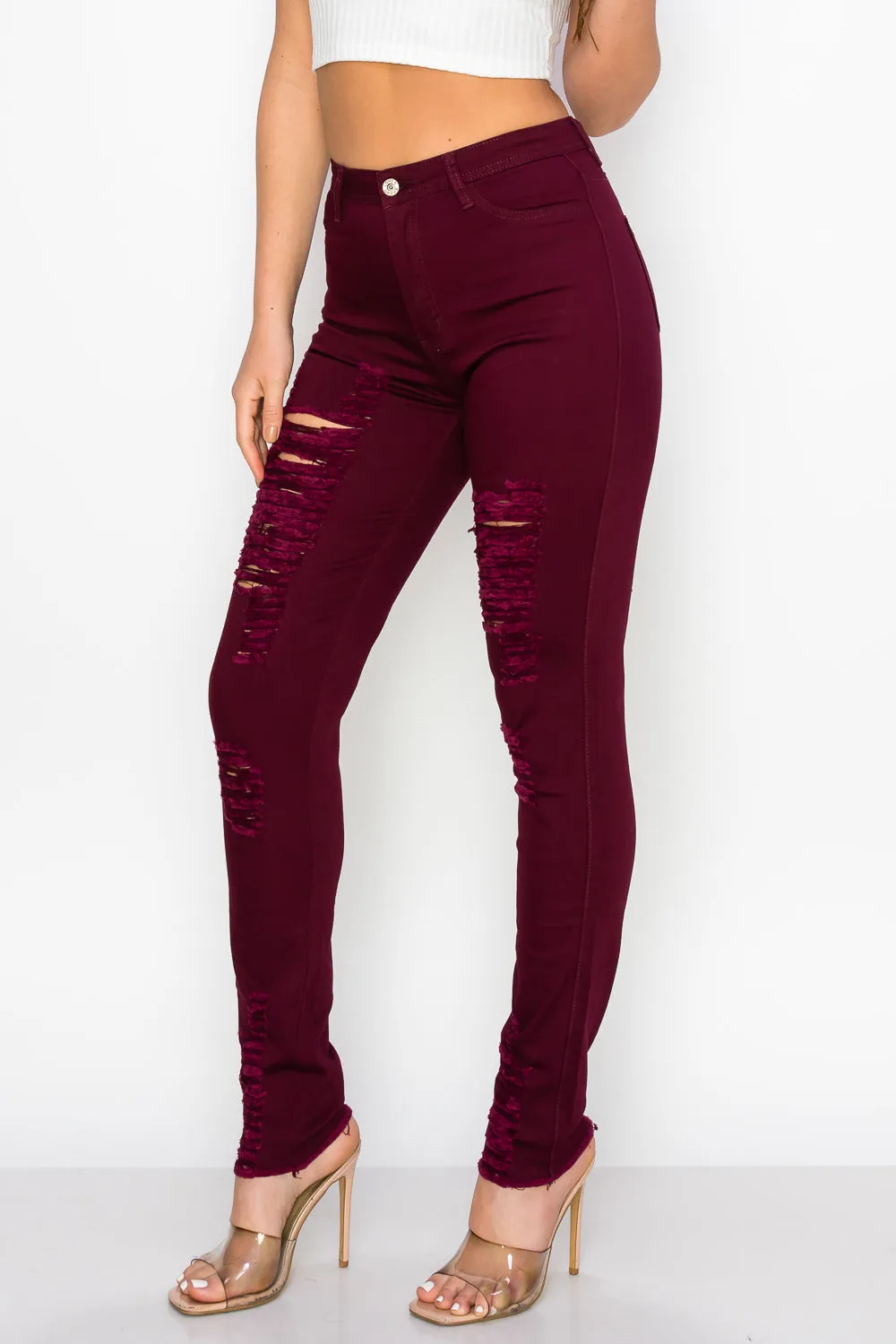 LV-420 BURGUNDY RIPPED SKINNY DENIM