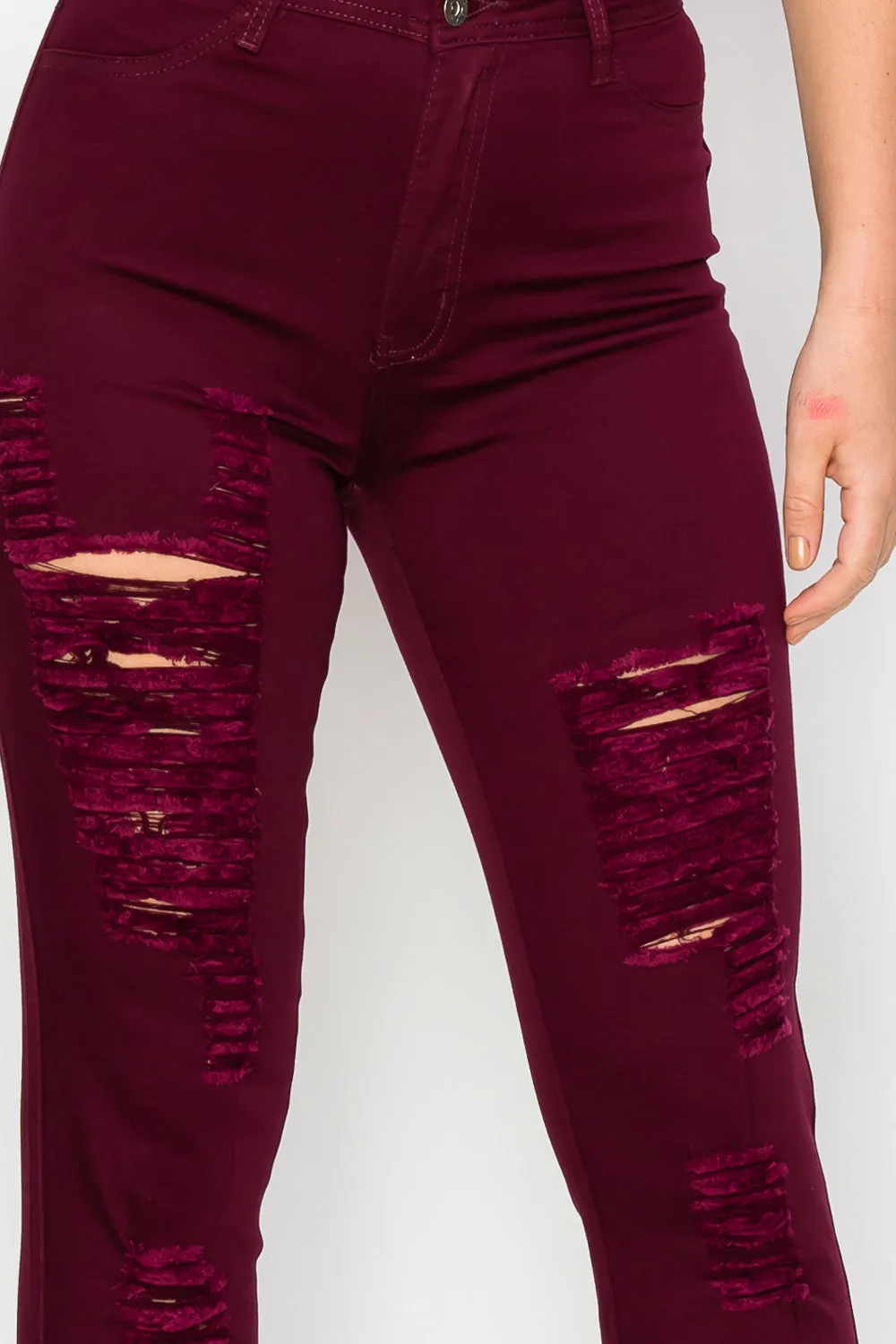 LV-420 BURGUNDY RIPPED SKINNY DENIM