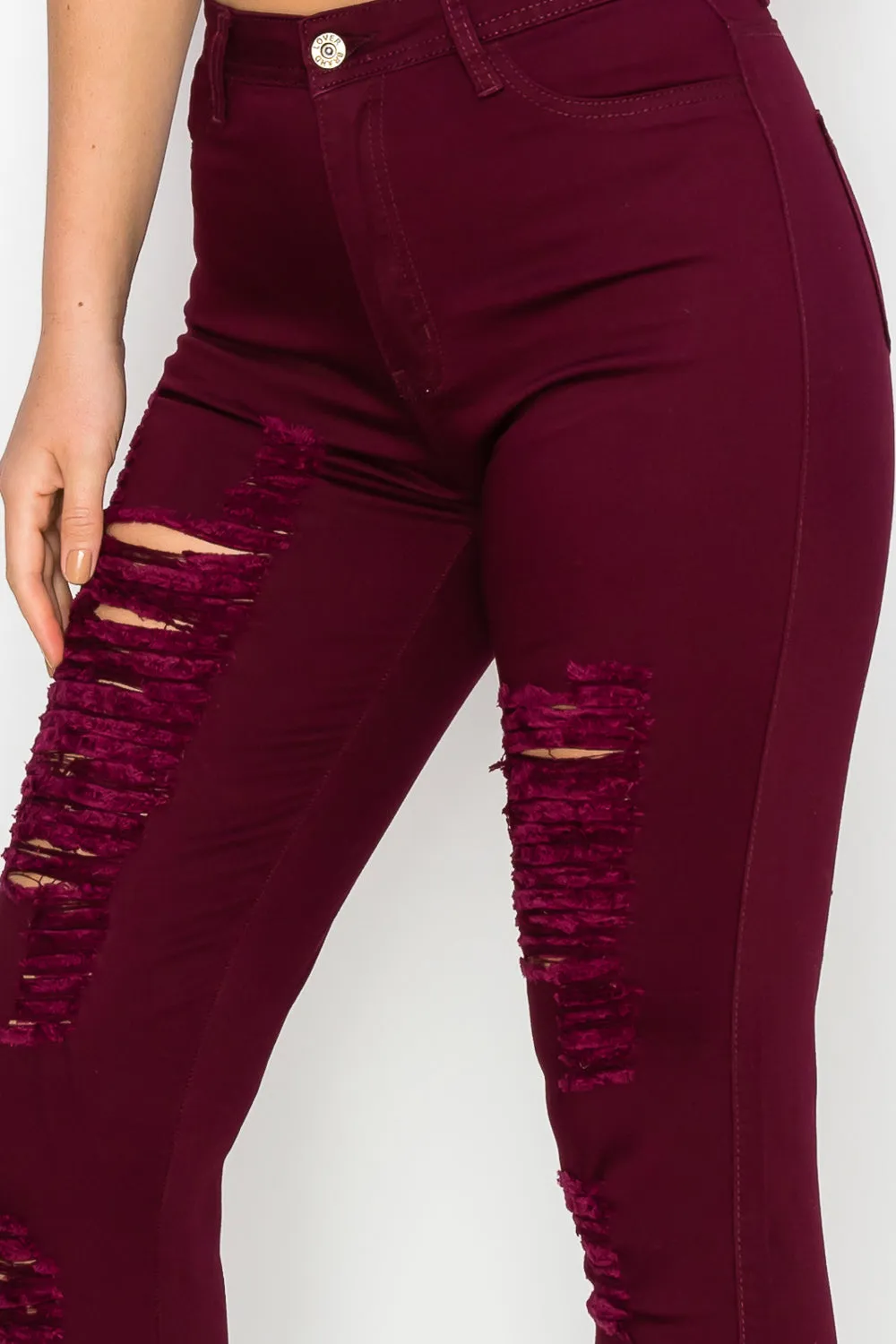 LV-420 BURGUNDY RIPPED SKINNY DENIM